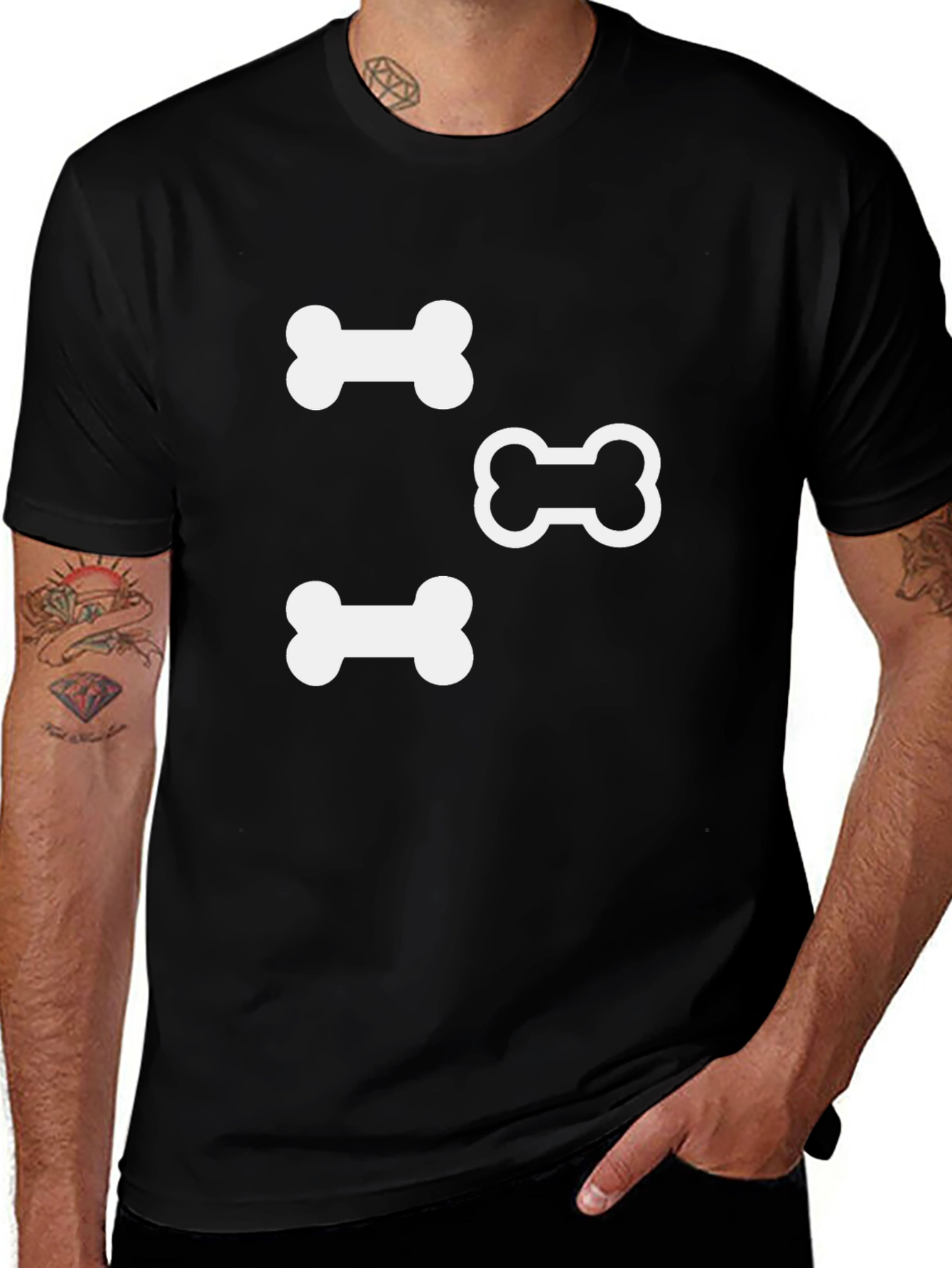 Dog Bone Print T-Shirt - Casual Black Tee