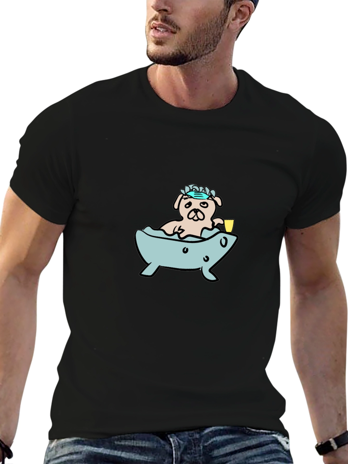 Pug in Tub T-Shirt - Cartoon Dog Tee