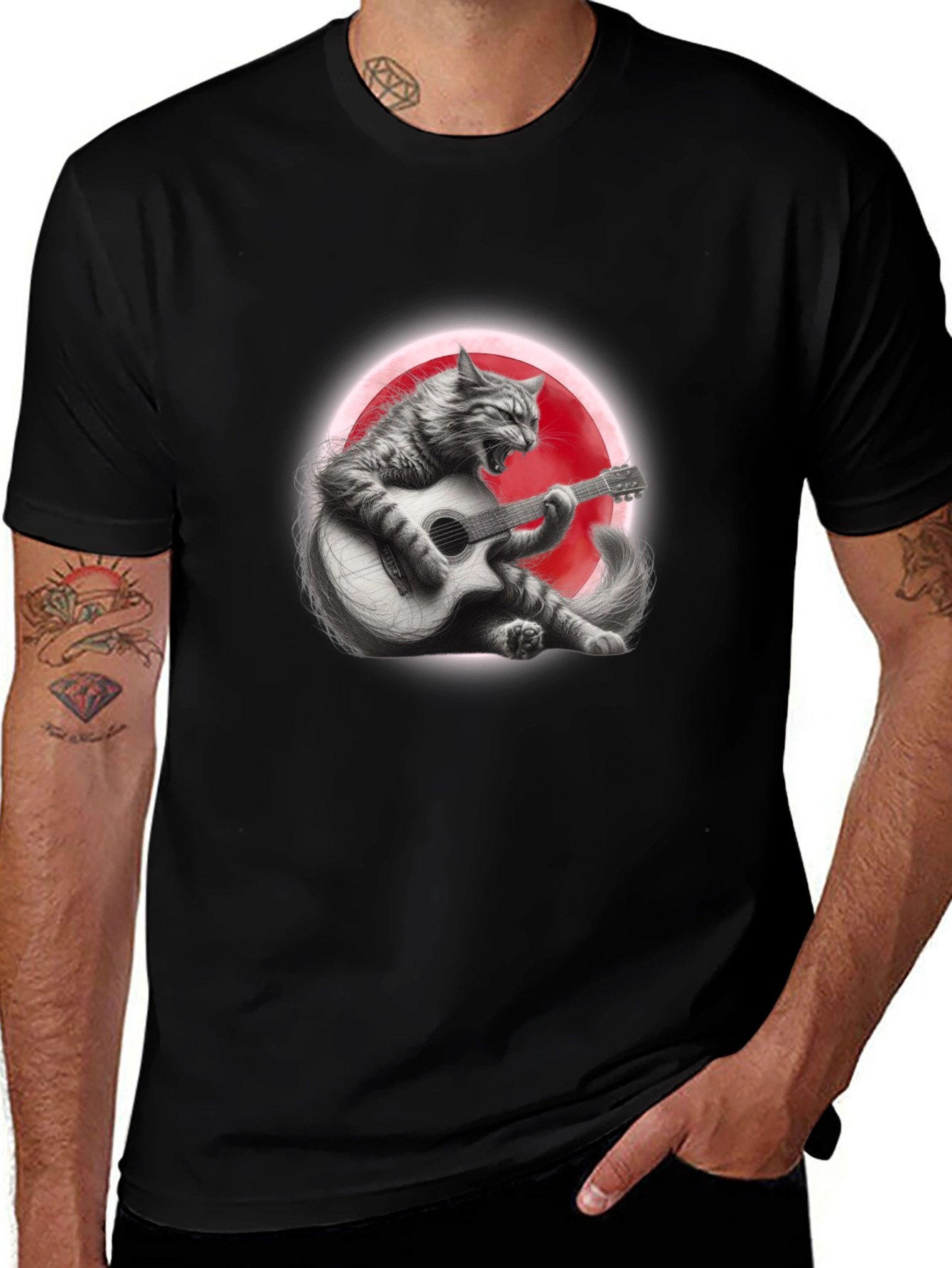 Cat Guitarist Graphic T-Shirt - Black