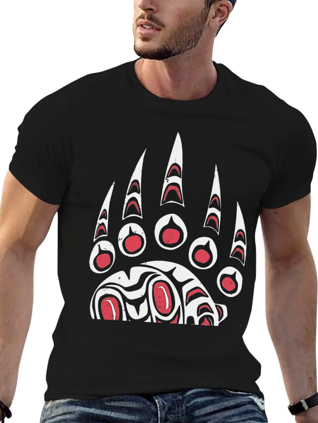 Bear Paw Print Graphic T-Shirt - Black