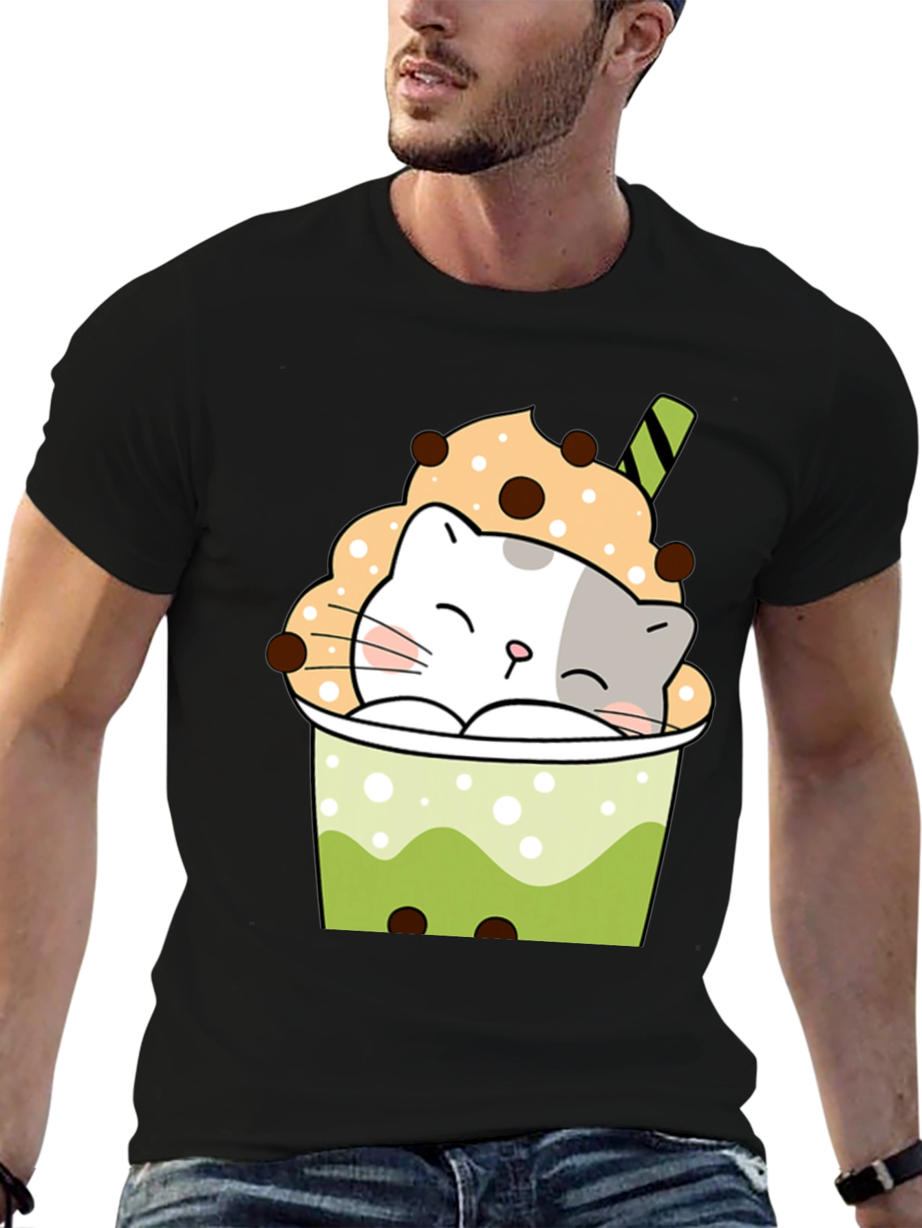 Cute Boba Cat Black T-Shirt