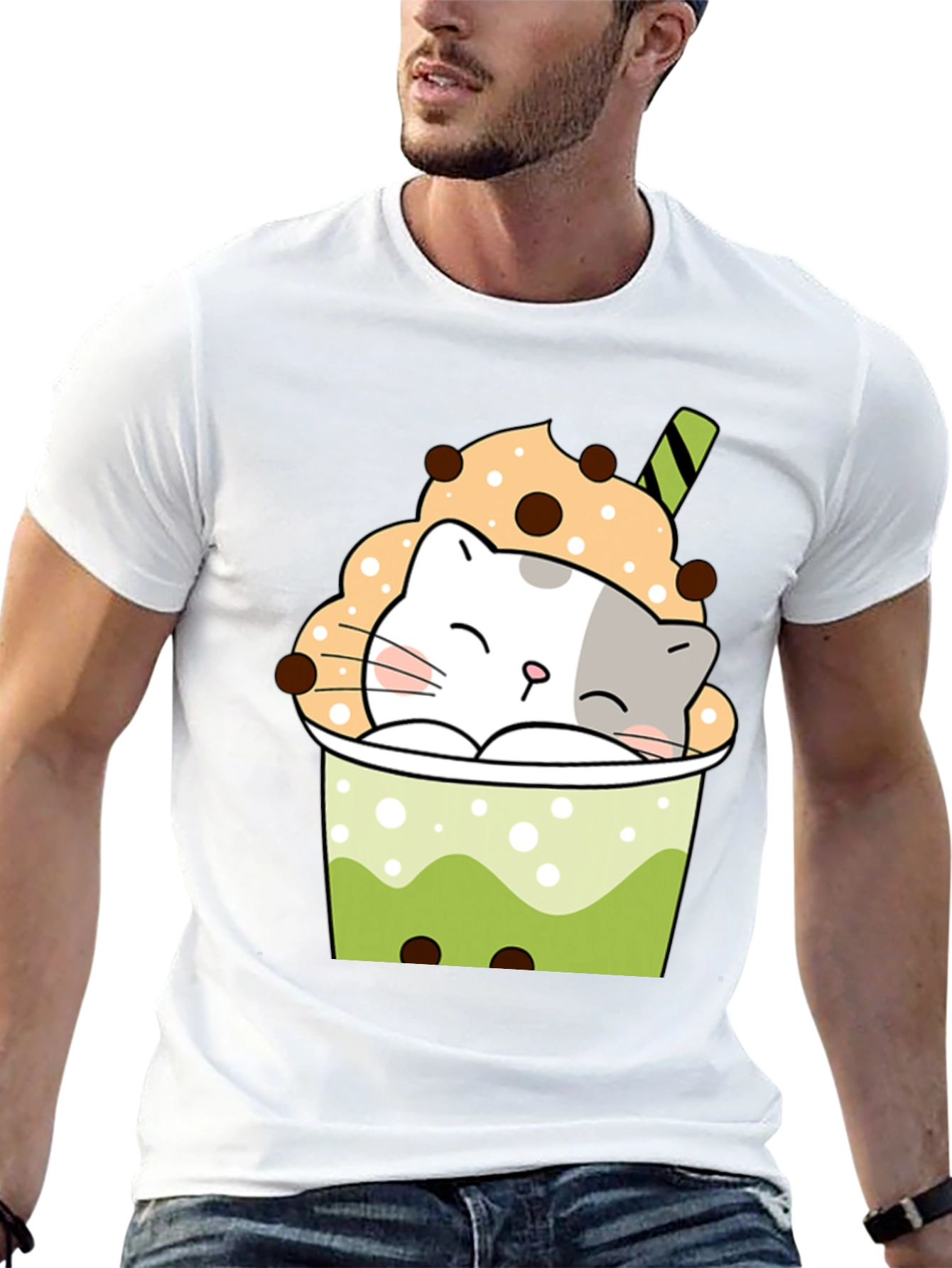 Cute Boba Cat Black T-Shirt