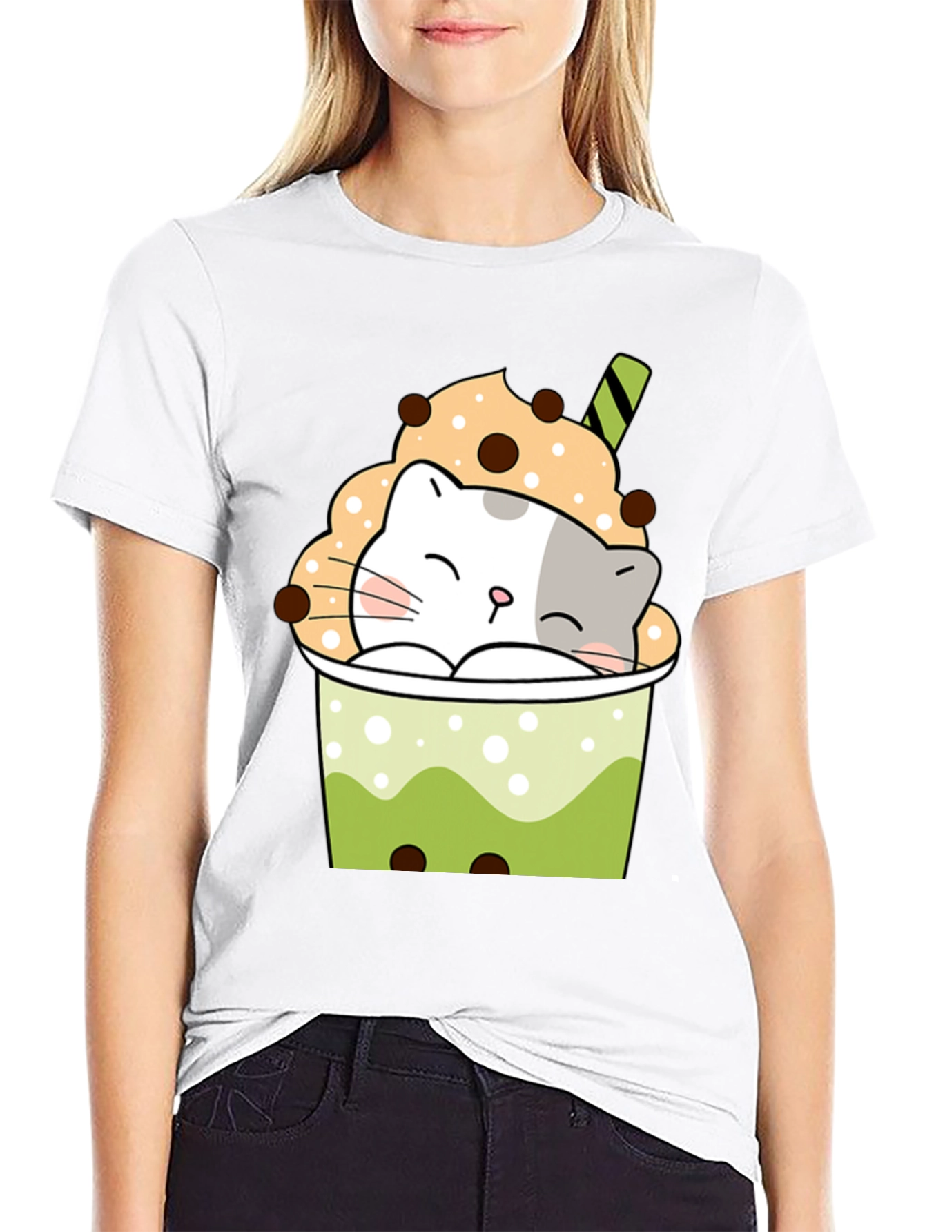 Cute Boba Cat Black T-Shirt