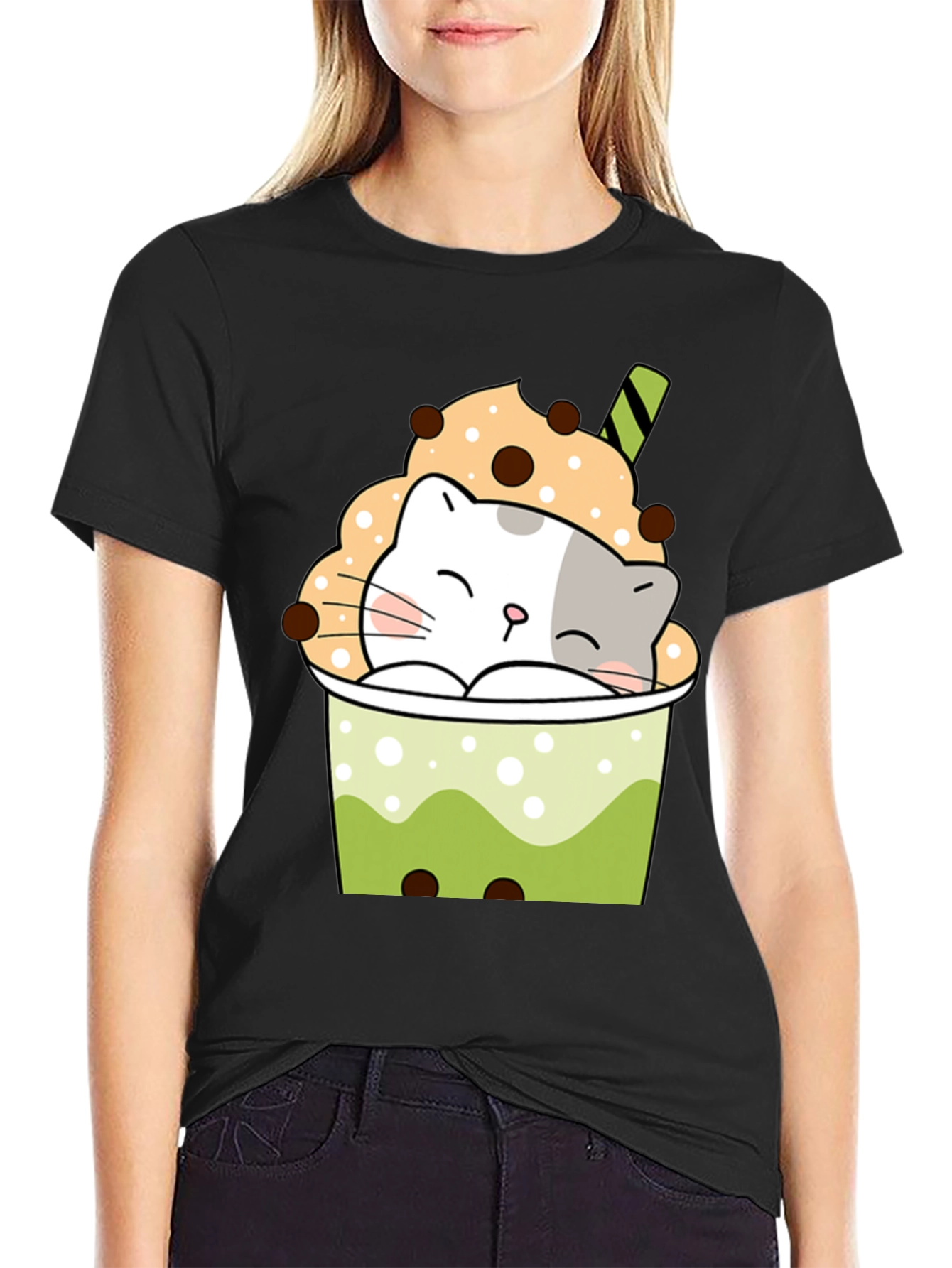 Cute Boba Cat Black T-Shirt
