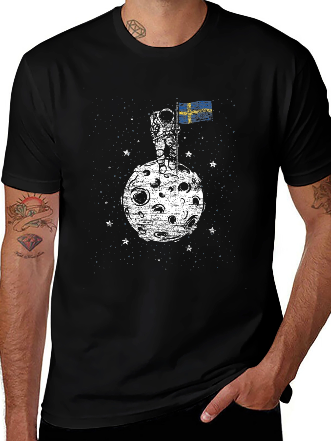 Astronaut on Moon Sweden Flag Graphic T-Shirt