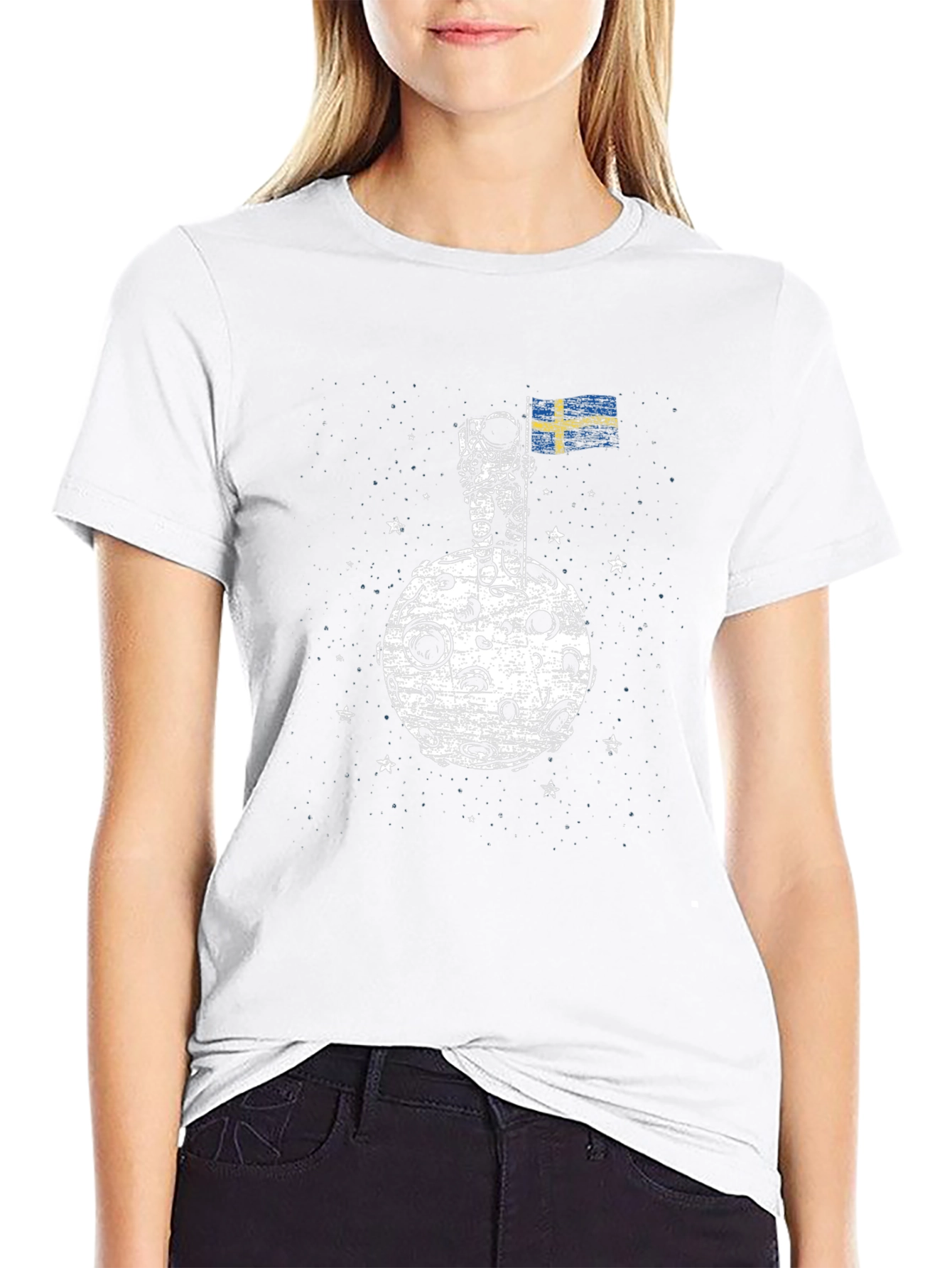 Astronaut on Moon Sweden Flag Graphic T-Shirt
