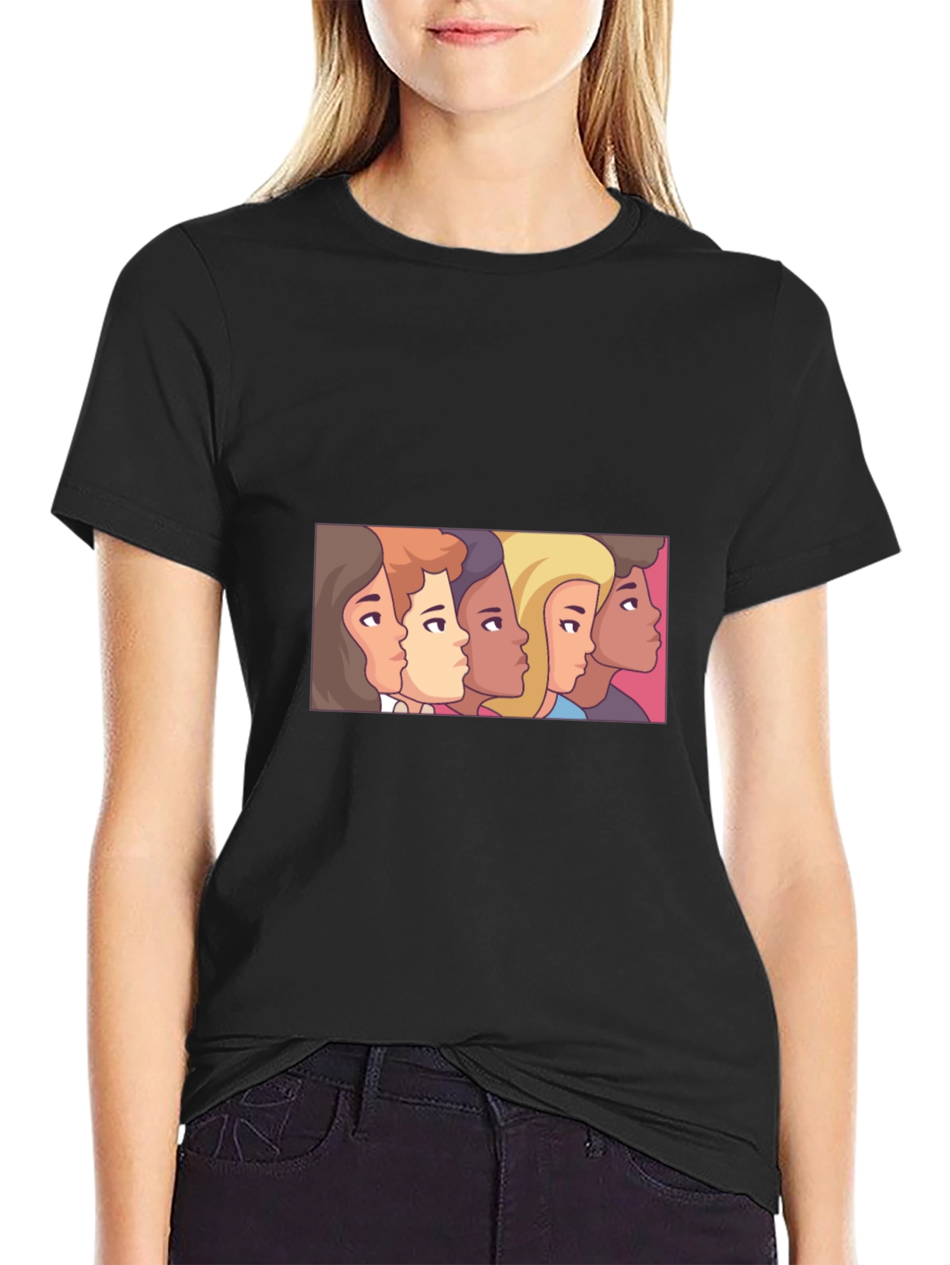 Cartoon Faces Black Tee - Stylish Graphic Print
