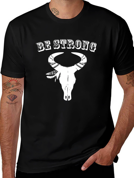 Be Strong Bull Skull Graphic Print Tee - Black