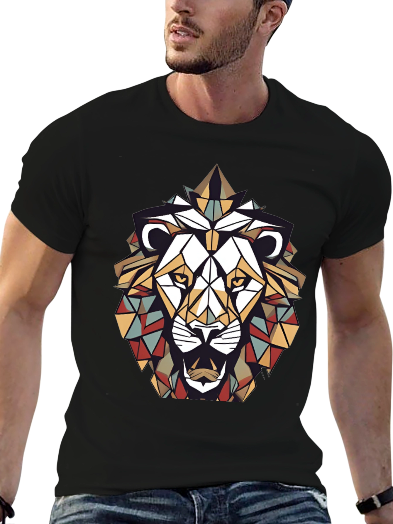 Geometric Lion Graphic Tee - Stylish Mens Black T-Shirt