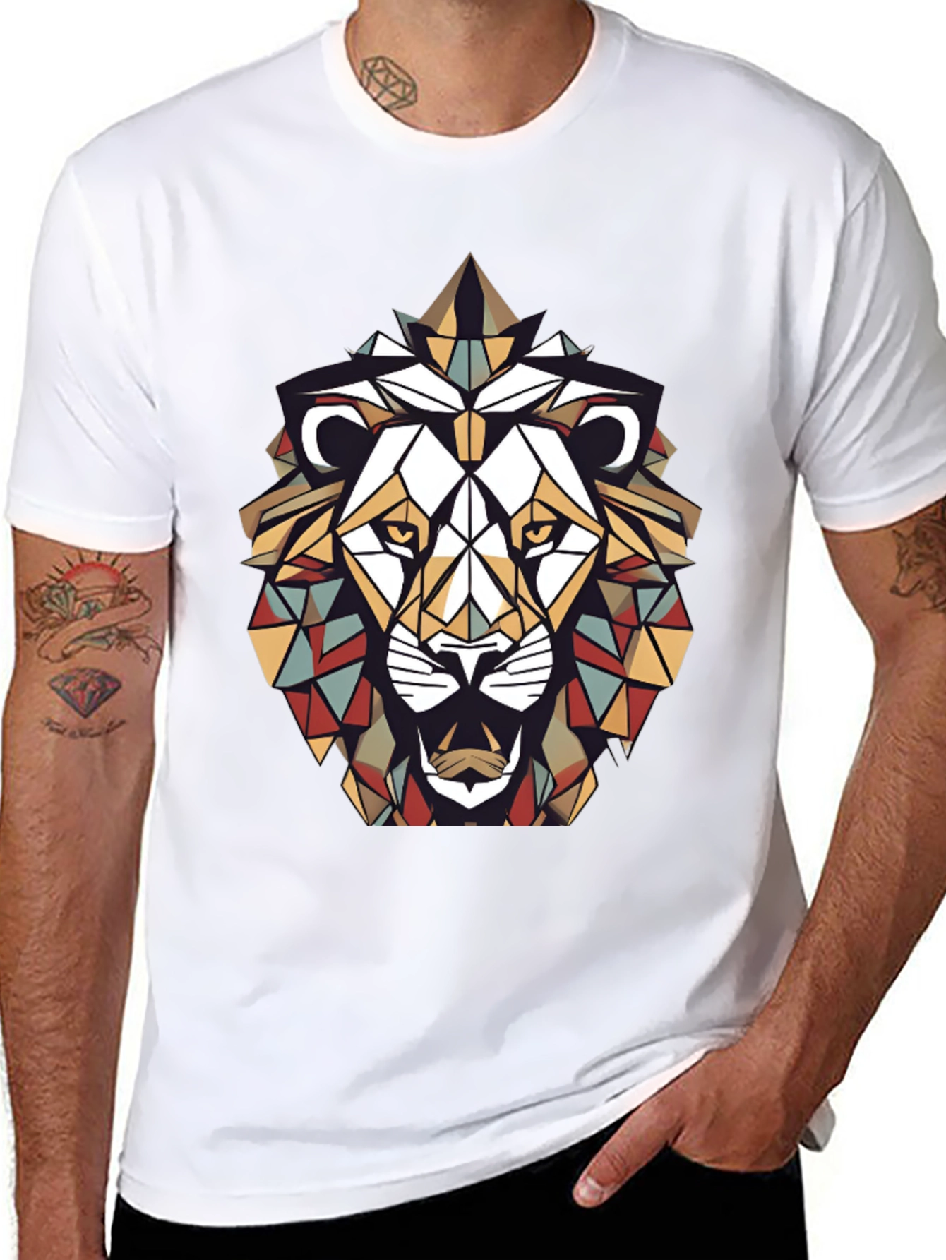 Geometric Lion Graphic Tee - Stylish Mens Black T-Shirt