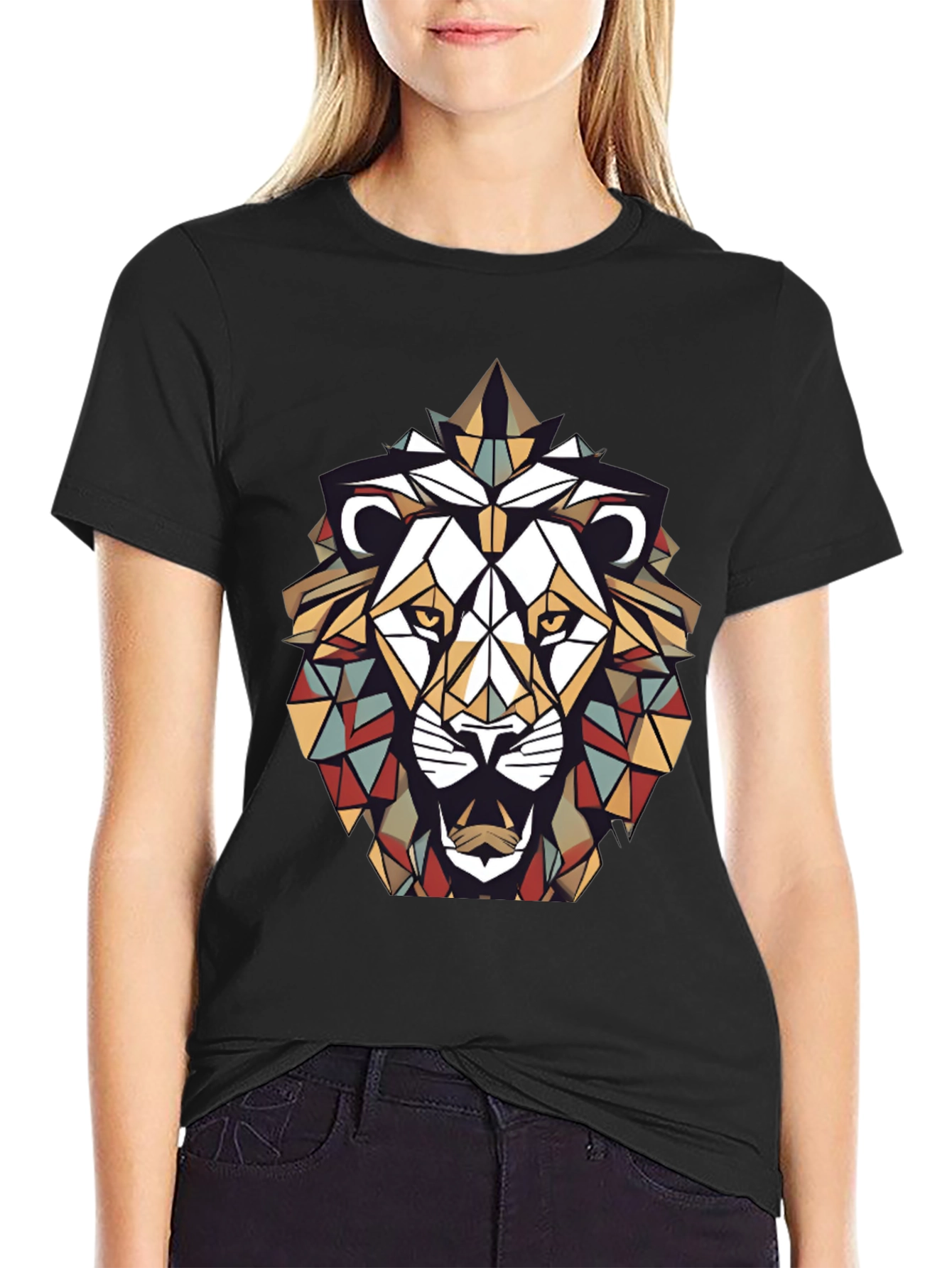 Geometric Lion Graphic Tee - Stylish Mens Black T-Shirt