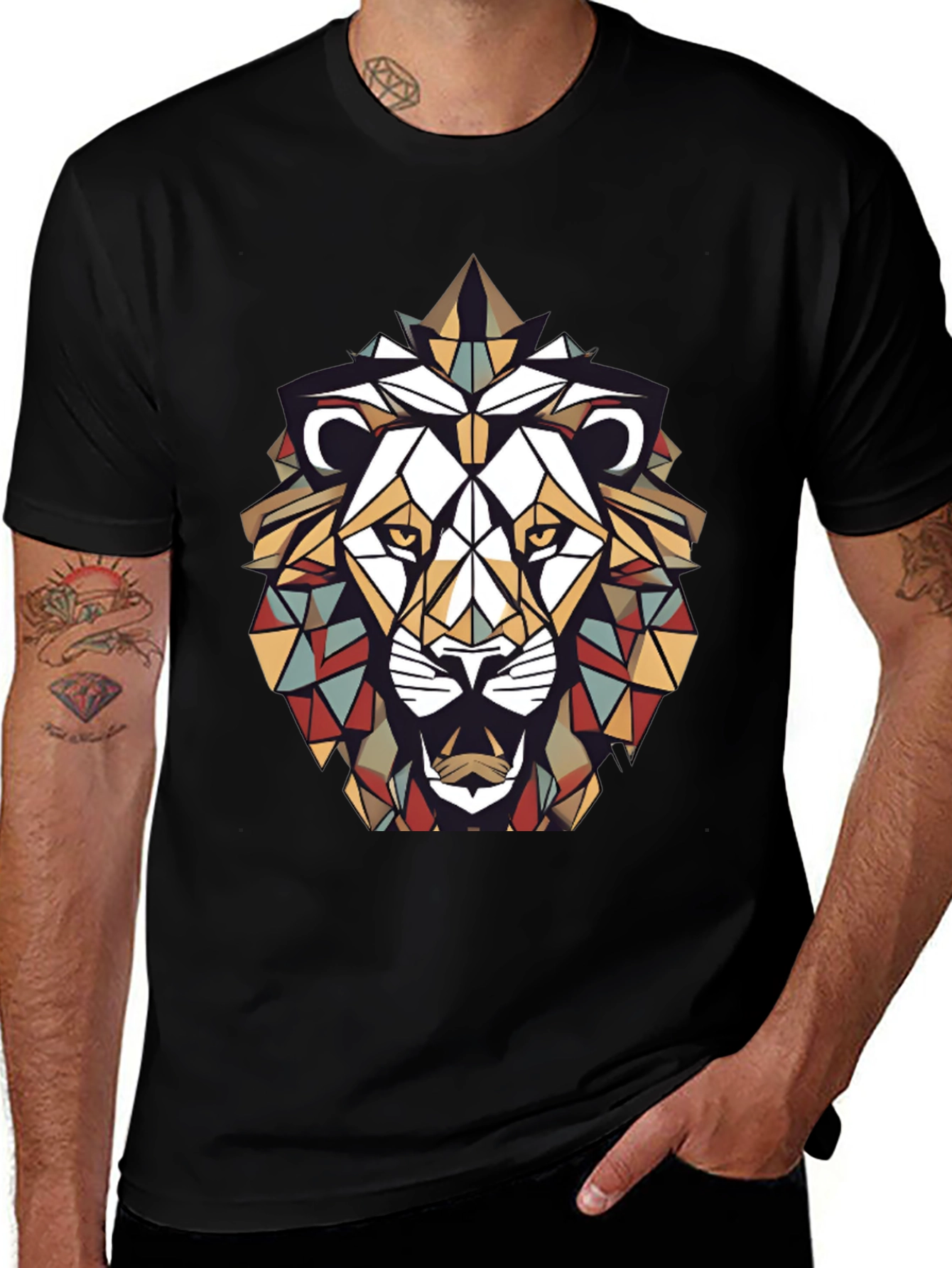 Geometric Lion Graphic Tee - Stylish Mens Black T-Shirt