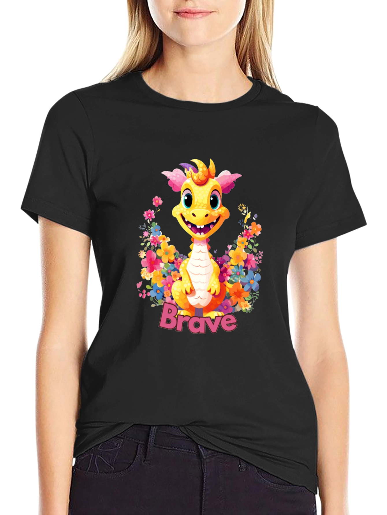 Brave Dragon Graphic Tee - Cute Floral Design