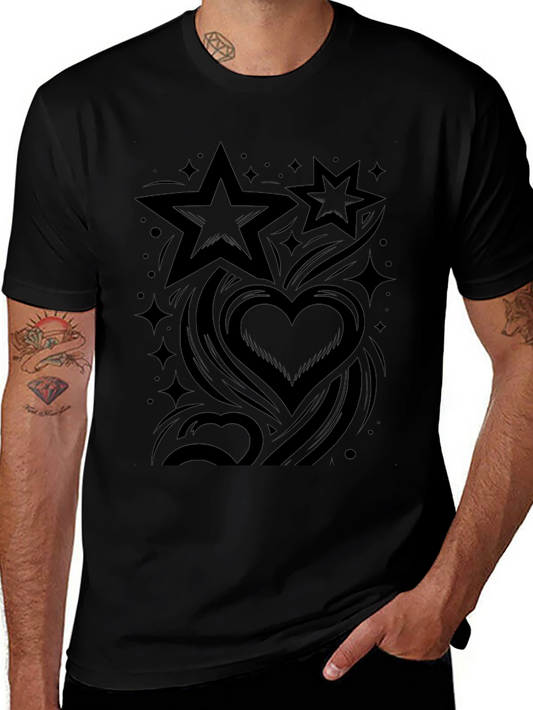 Stylish Black Graphic Tee - Stars & Hearts Design