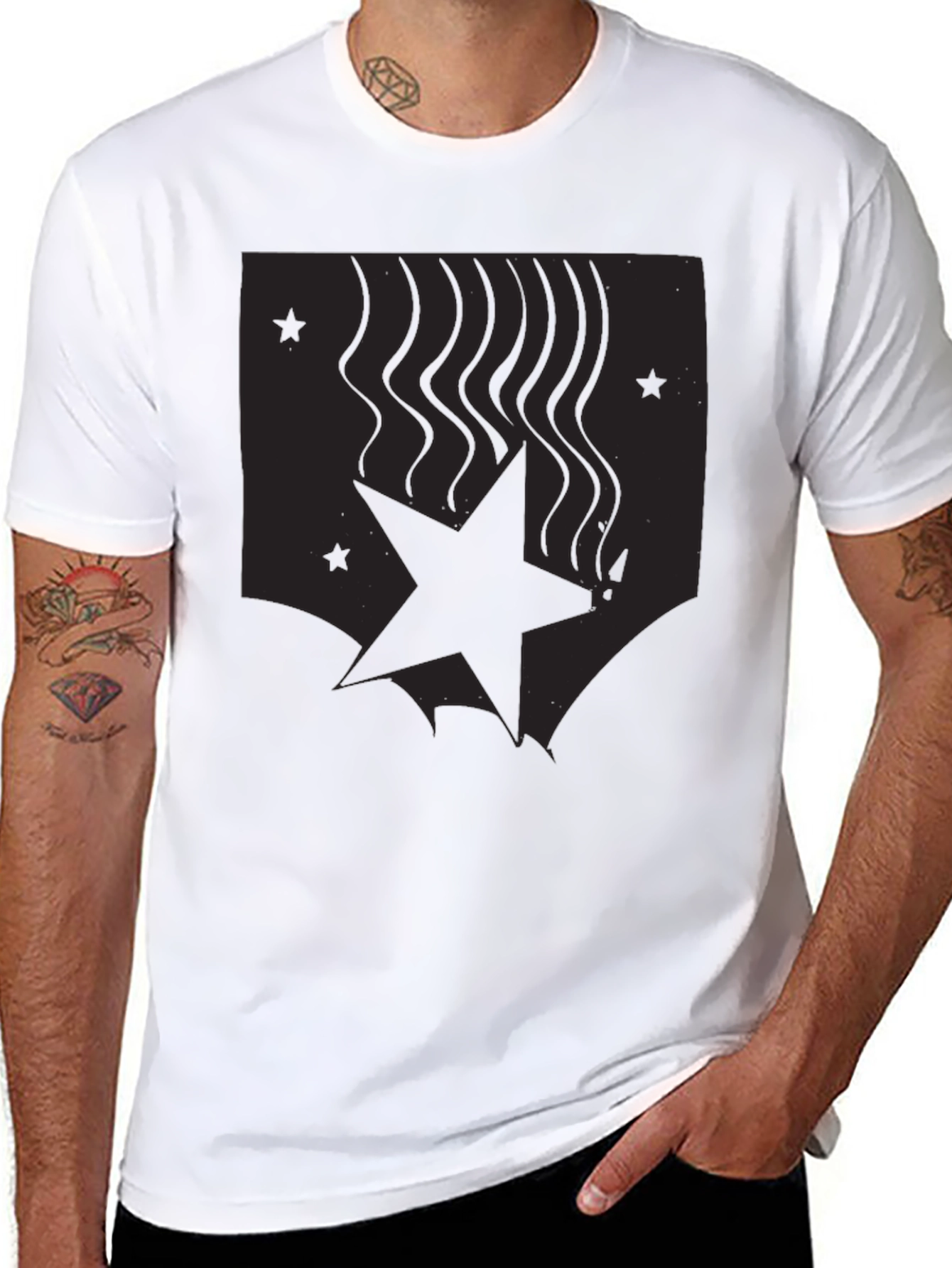 Mens Black Graphic Tee - Star Design