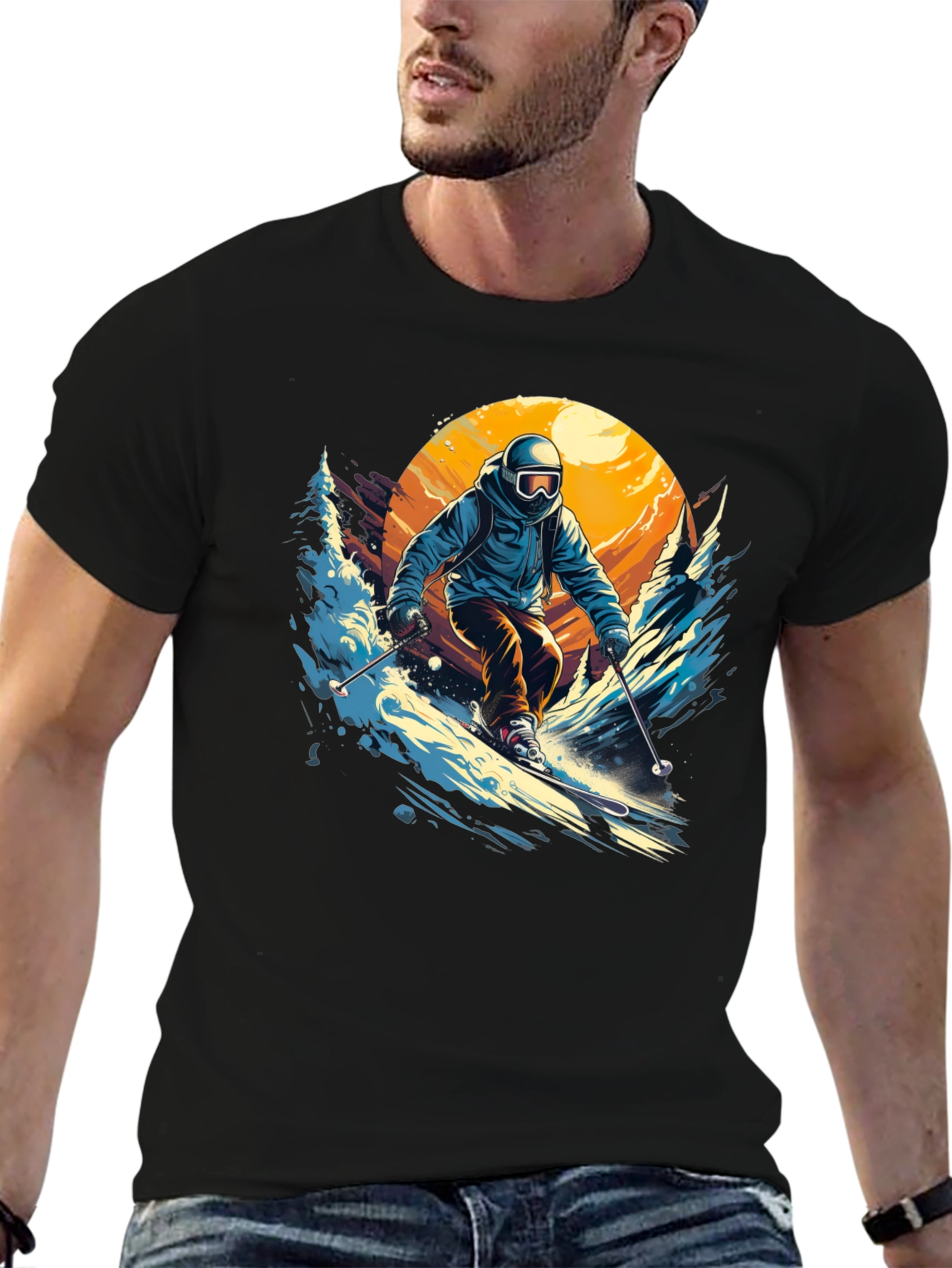 Skier Graphic T-Shirt - Black Crew Neck