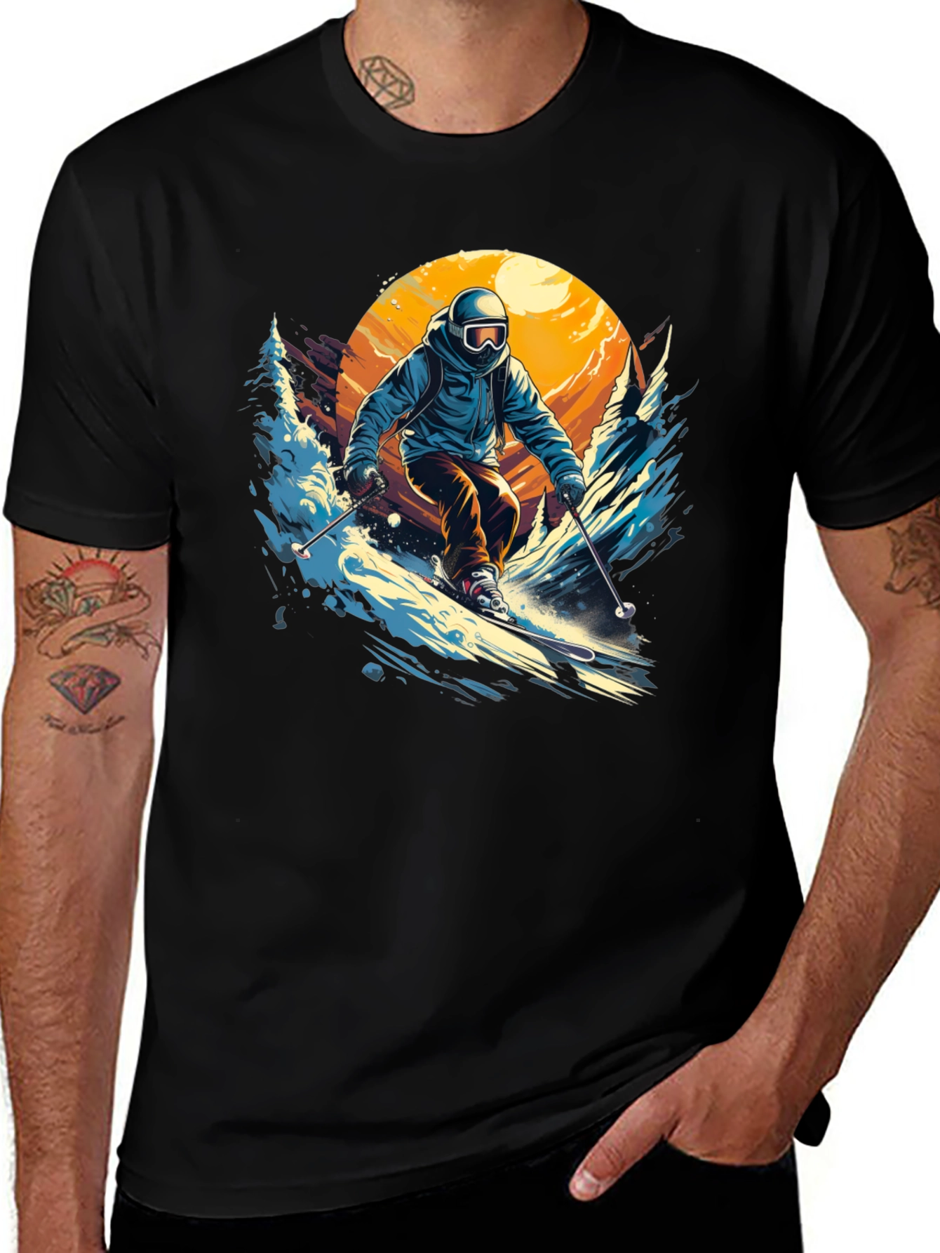 Skier Graphic T-Shirt - Black Crew Neck