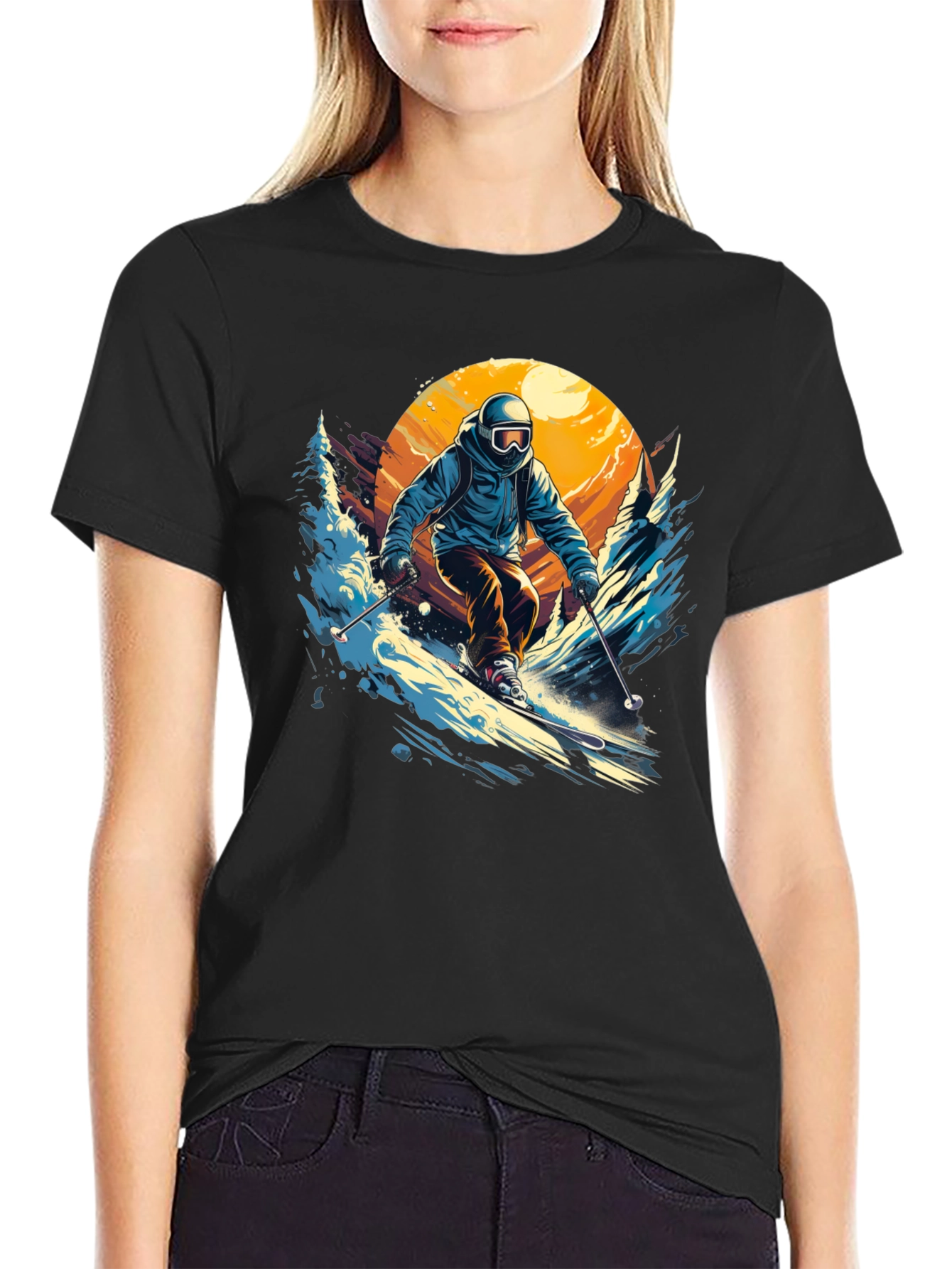 Skier Graphic T-Shirt - Black Crew Neck