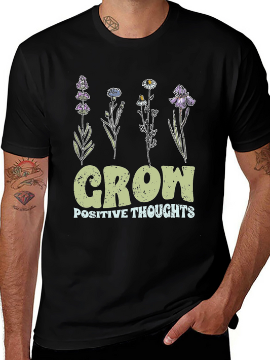 Grow Positive Thoughts Floral Black T-Shirt