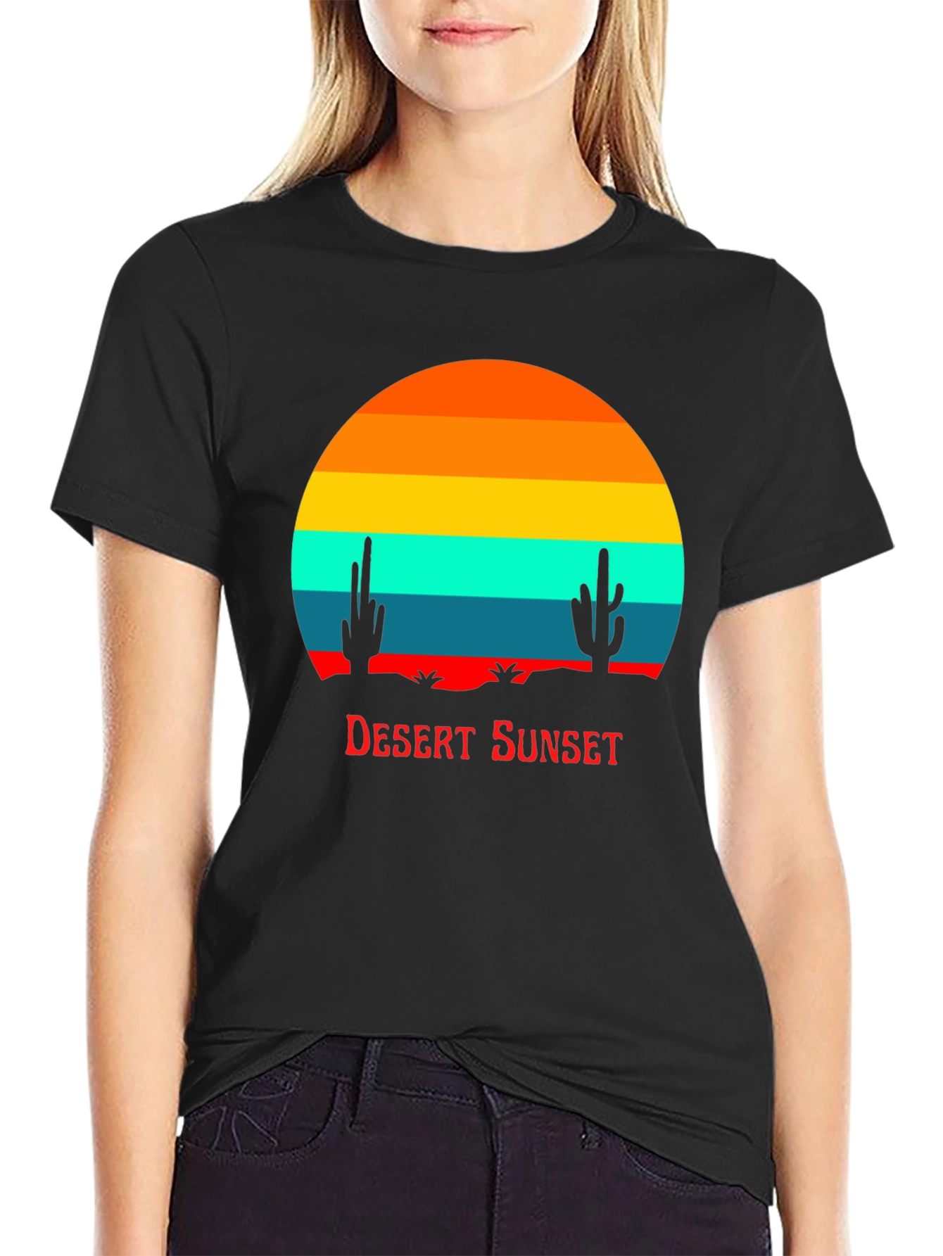 Retro Desert Sunset Graphic Tee - Black Cotton Blend