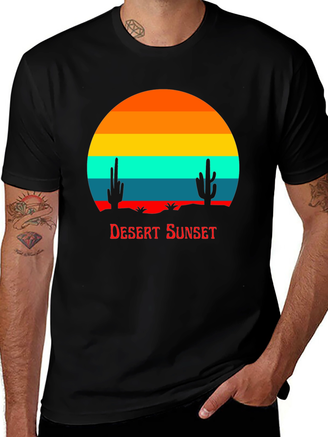 Retro Desert Sunset Graphic Tee - Black Cotton Blend