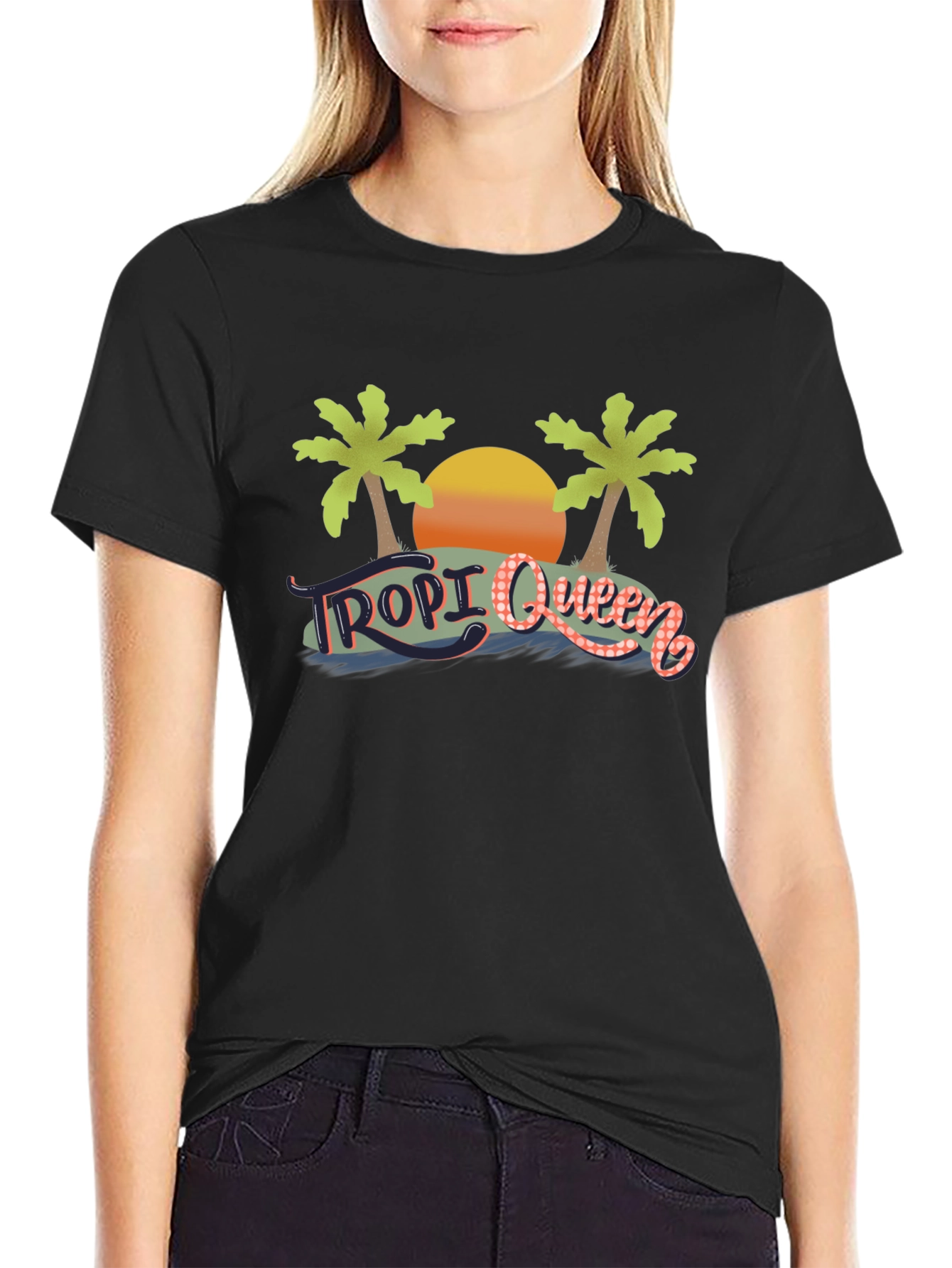 Tropi Queen Black Graphic Tee - Tropical Beach Design