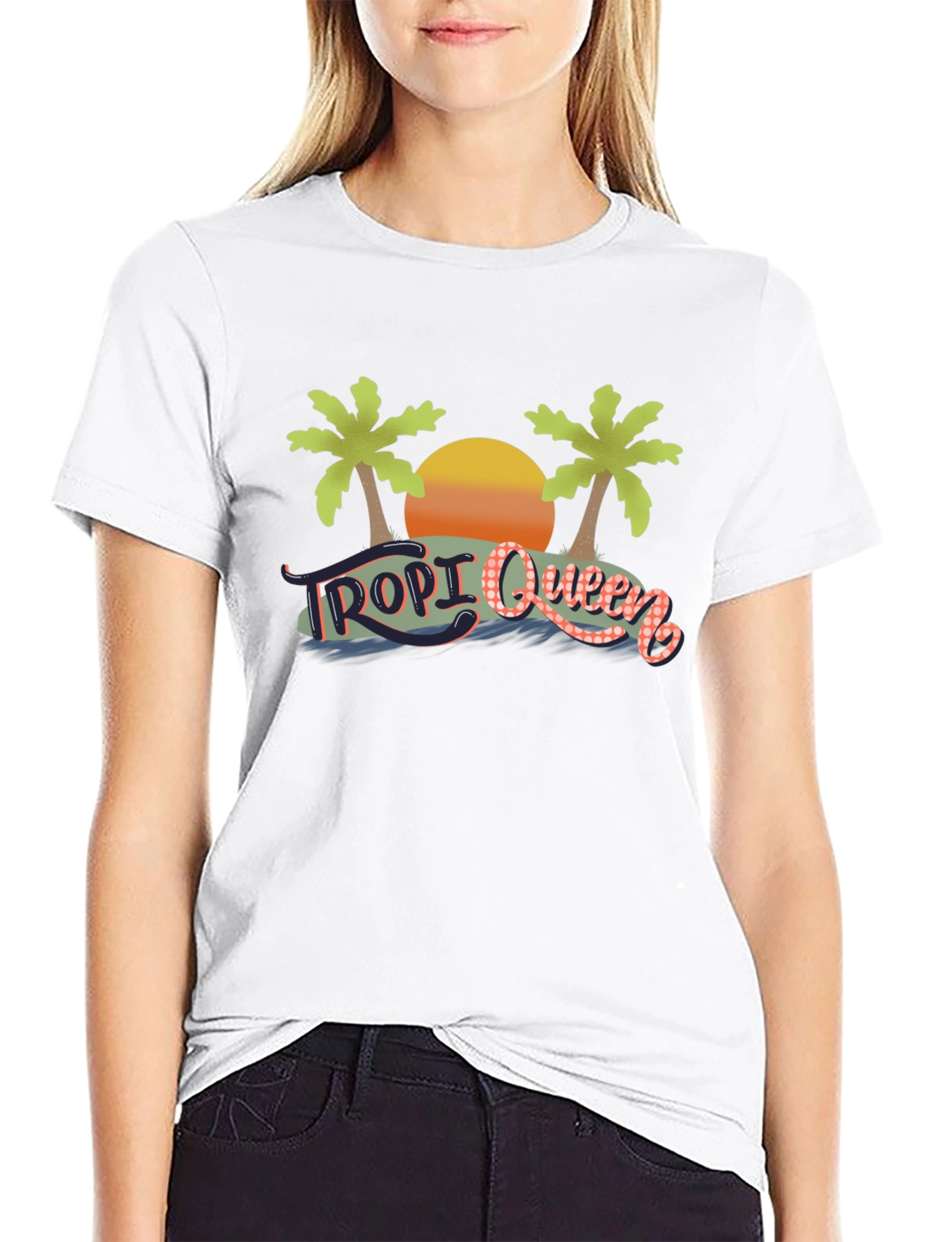 Tropi Queen Black Graphic Tee - Tropical Beach Design
