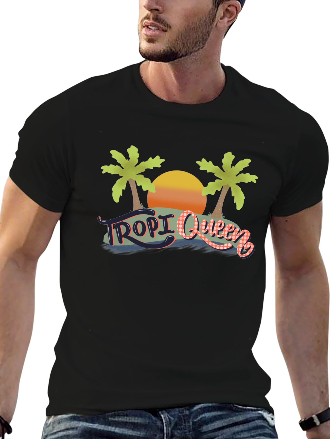 Tropi Queen Black Graphic Tee - Tropical Beach Design