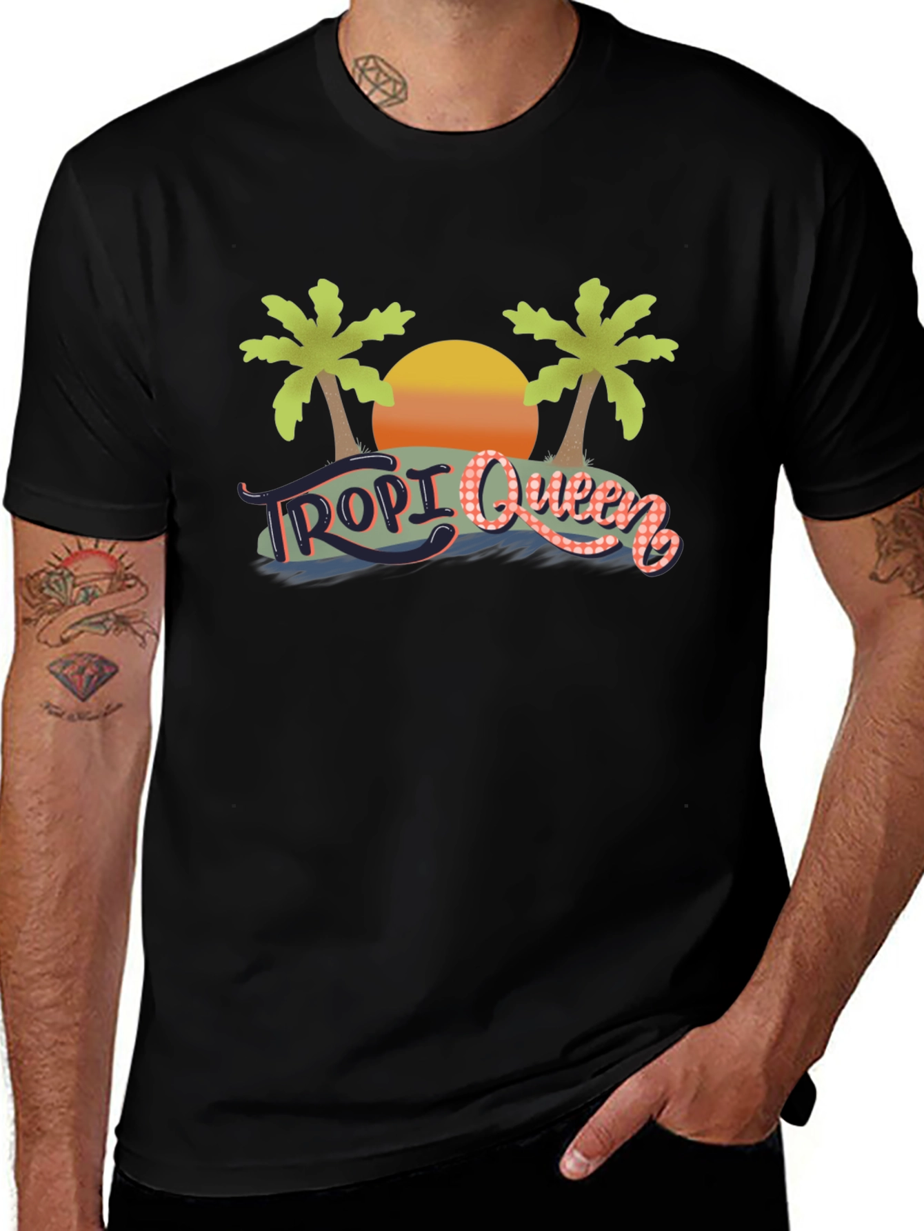 Tropi Queen Black Graphic Tee - Tropical Beach Design