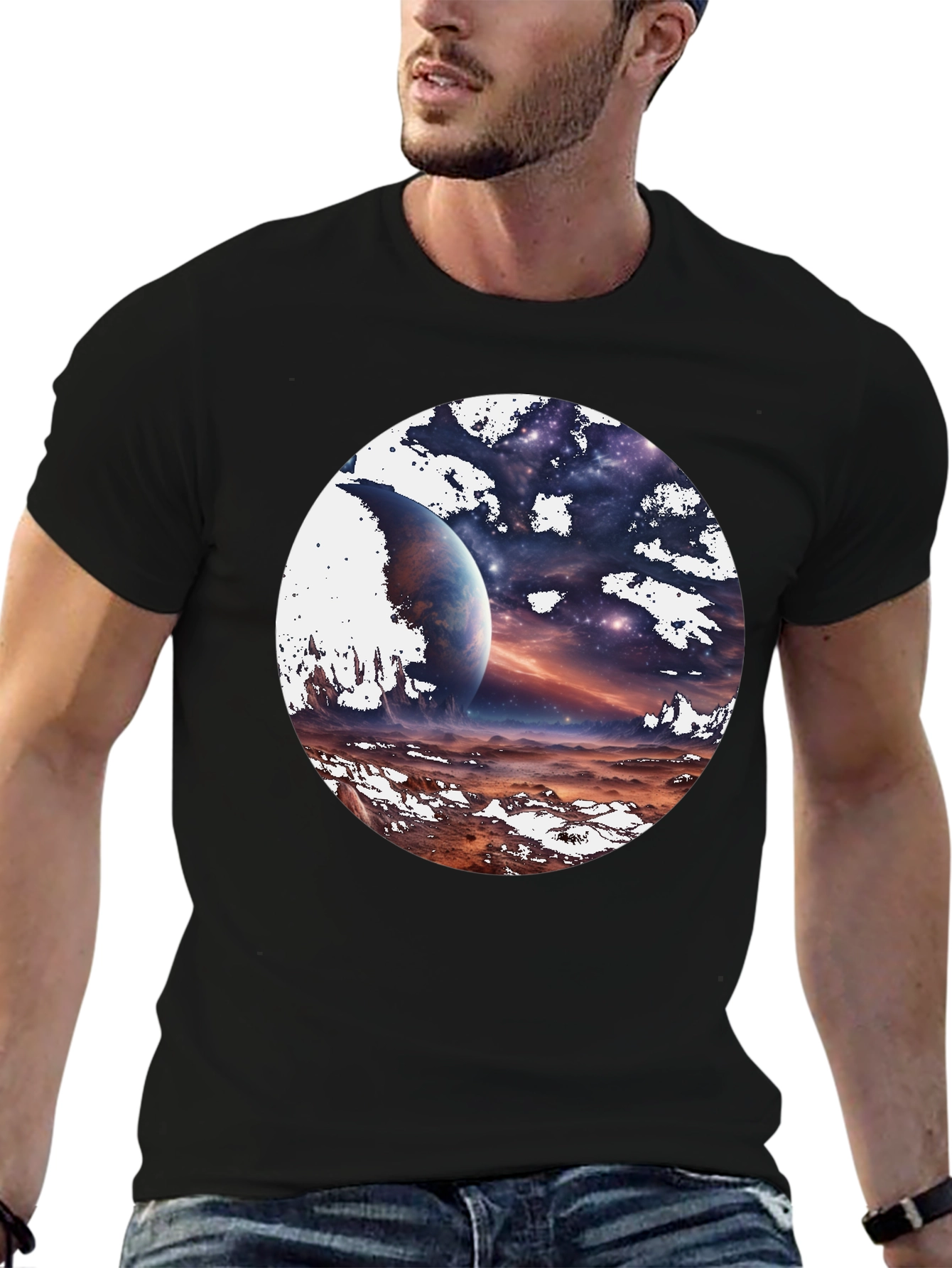 Cosmic Planet Graphic Tee - Black Cotton Blend