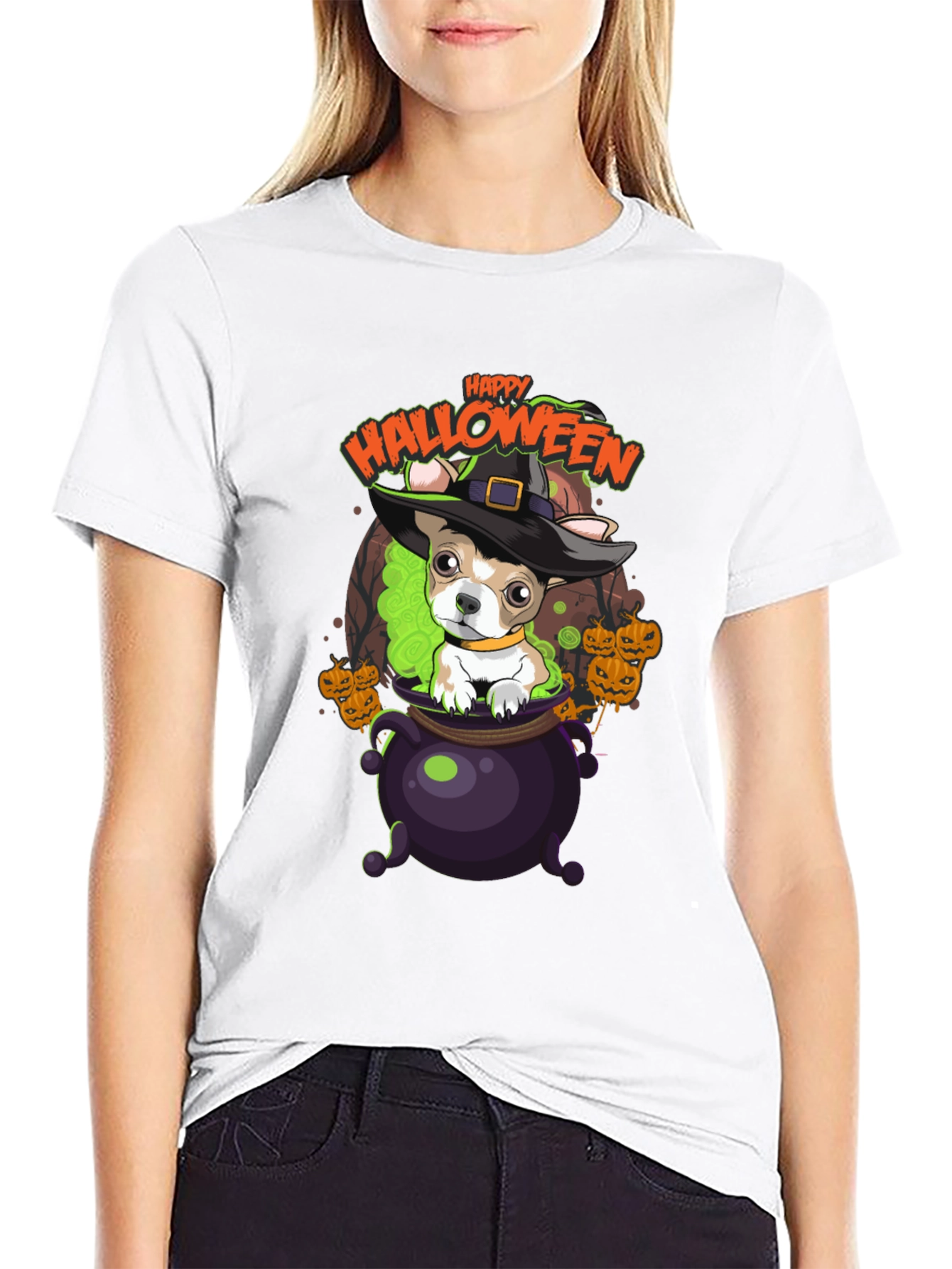 Happy Halloween Dog in Cauldron T-Shirt