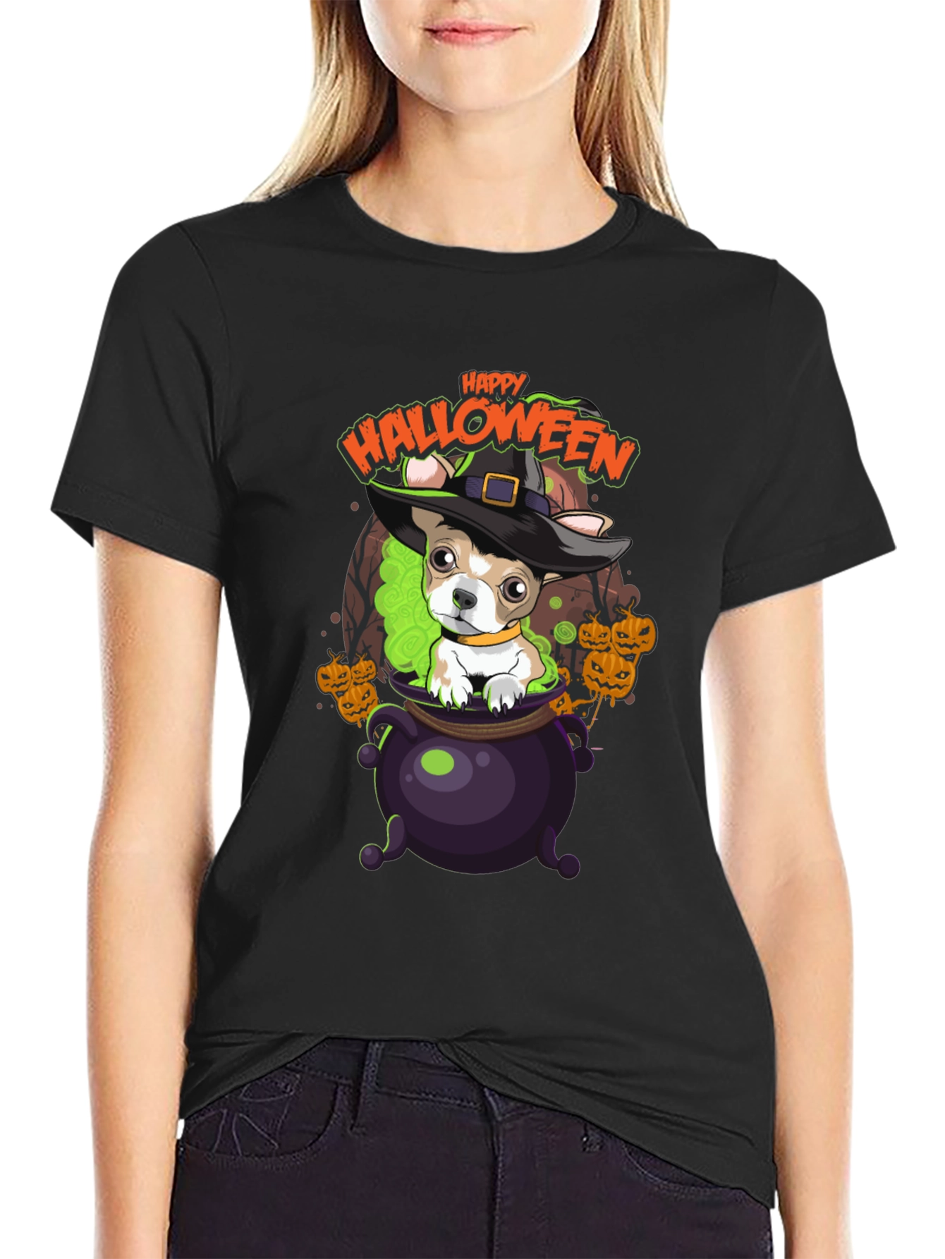 Happy Halloween Dog in Cauldron T-Shirt