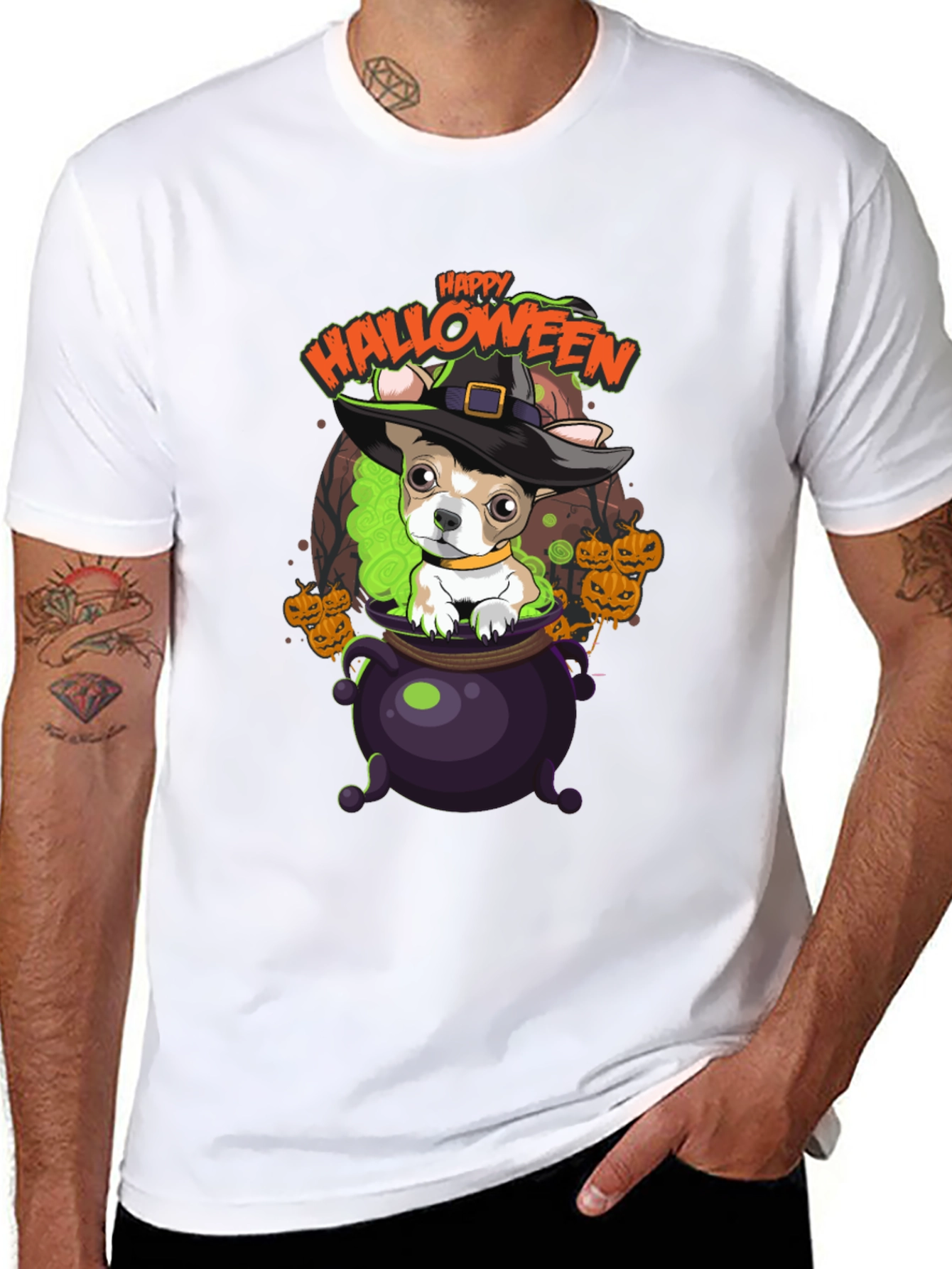 Happy Halloween Dog in Cauldron T-Shirt