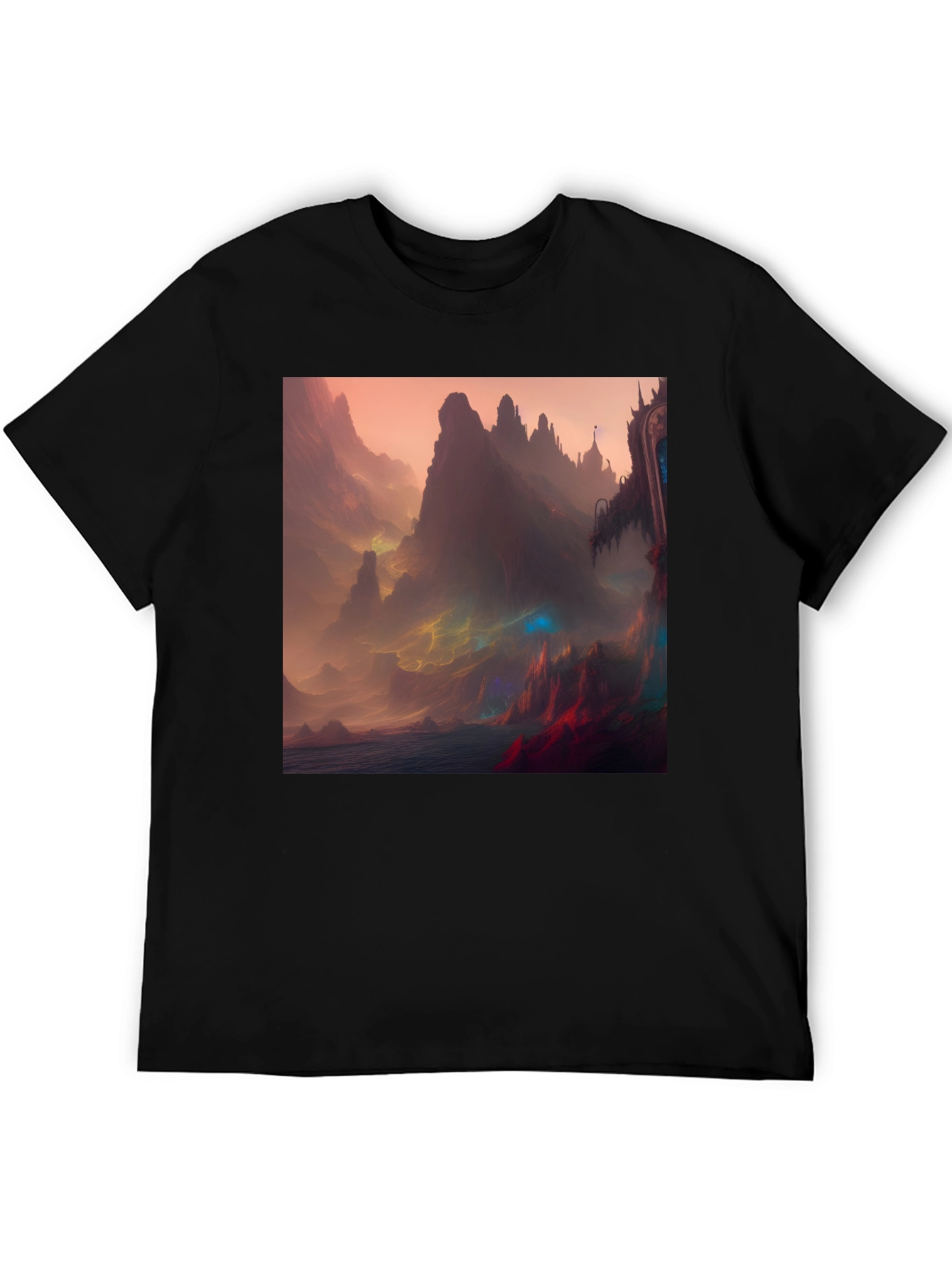 Fantasy Landscape Graphic Tee - Black Crew Neck