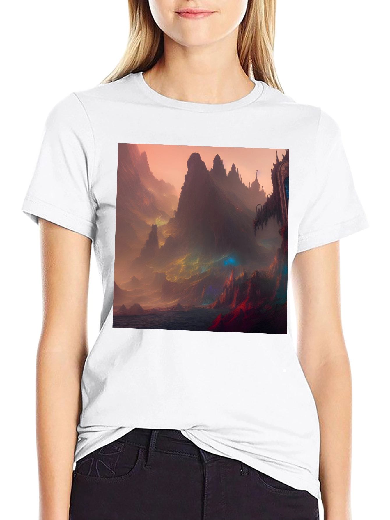 Fantasy Landscape Graphic Tee - Black Crew Neck