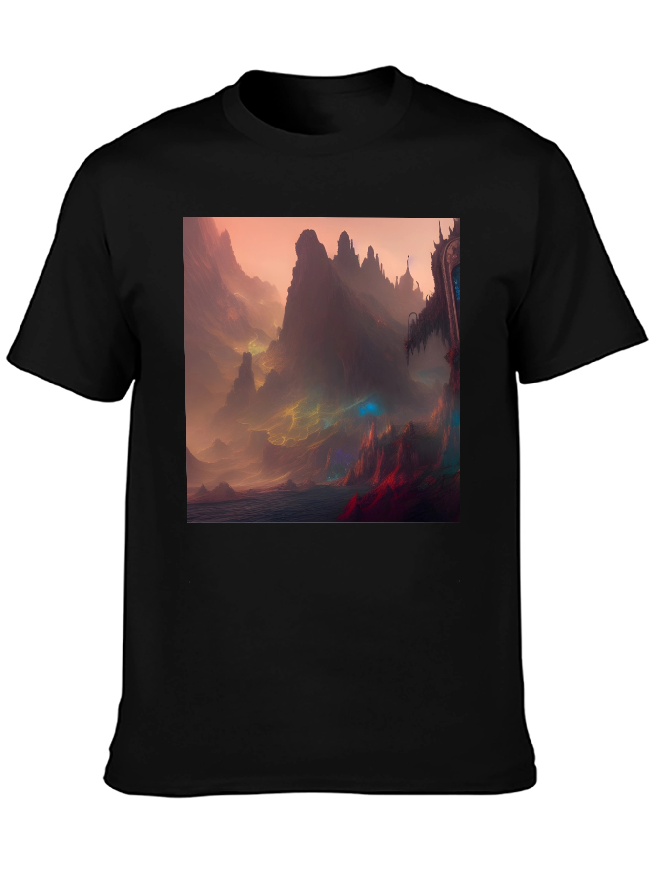 Fantasy Landscape Graphic Tee - Black Crew Neck