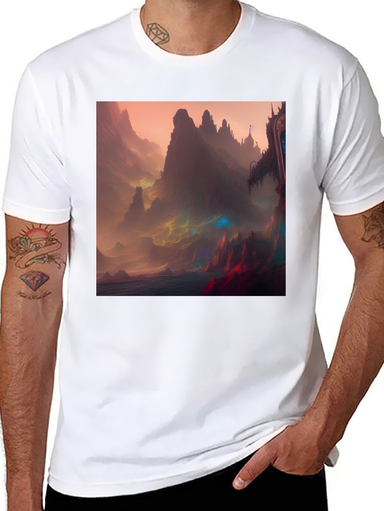 Fantasy Landscape Graphic Tee - Black Crew Neck