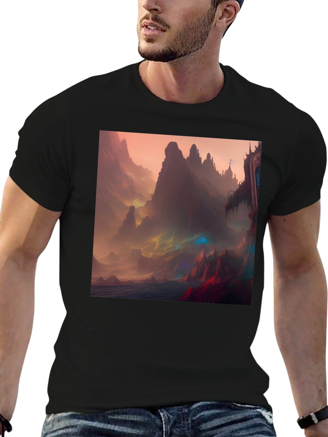 Fantasy Landscape Graphic Tee - Black Crew Neck