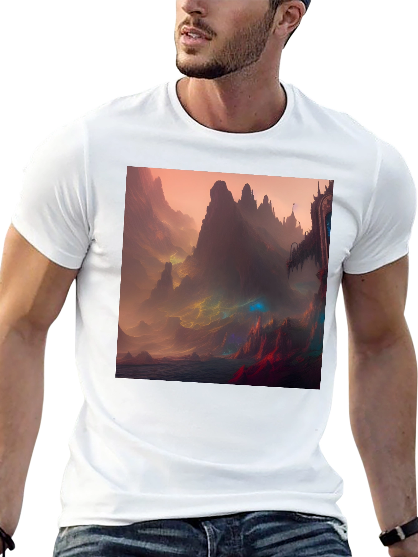 Fantasy Landscape Graphic Tee - Black Crew Neck