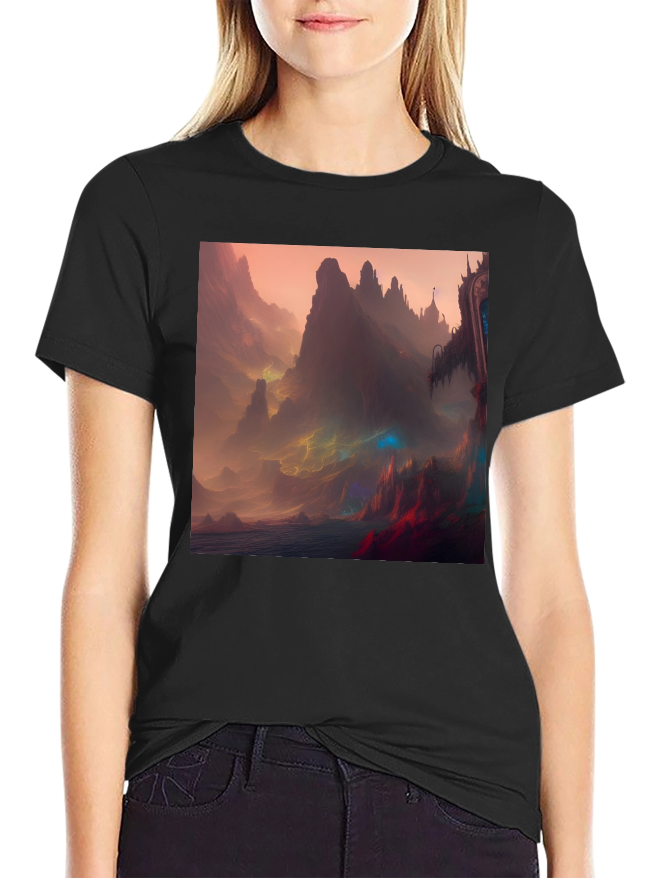 Fantasy Landscape Graphic Tee - Black Crew Neck