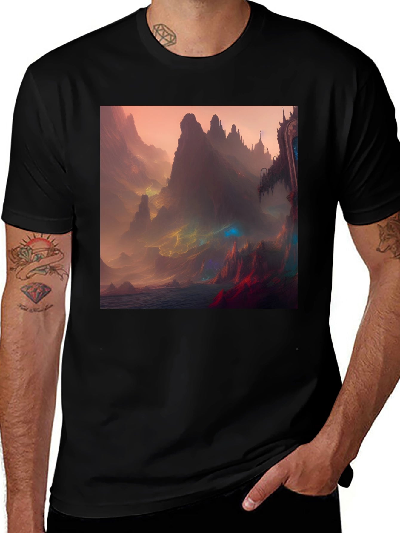 Fantasy Landscape Graphic Tee - Black Crew Neck