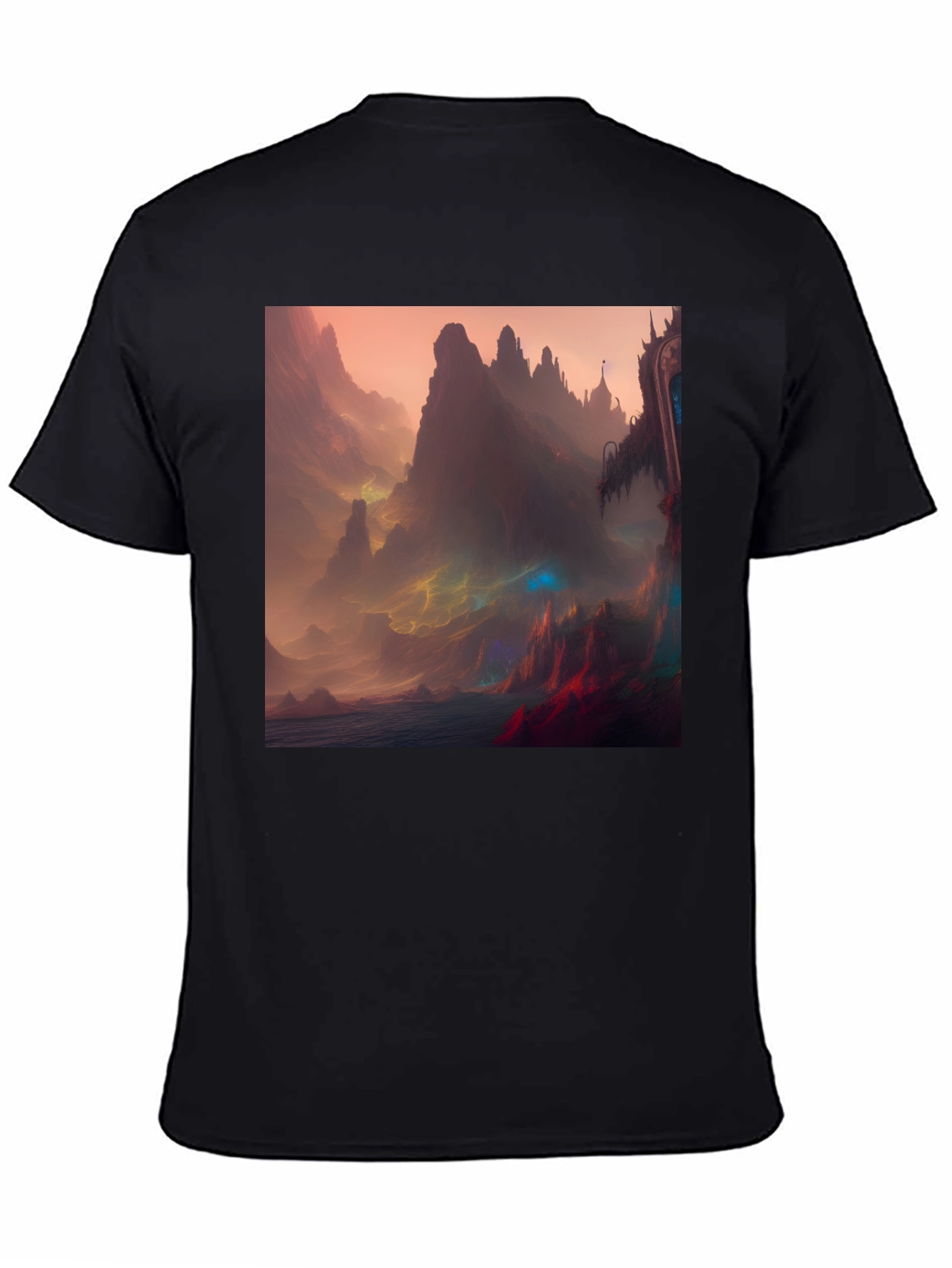 Fantasy Landscape Graphic Tee - Black Crew Neck