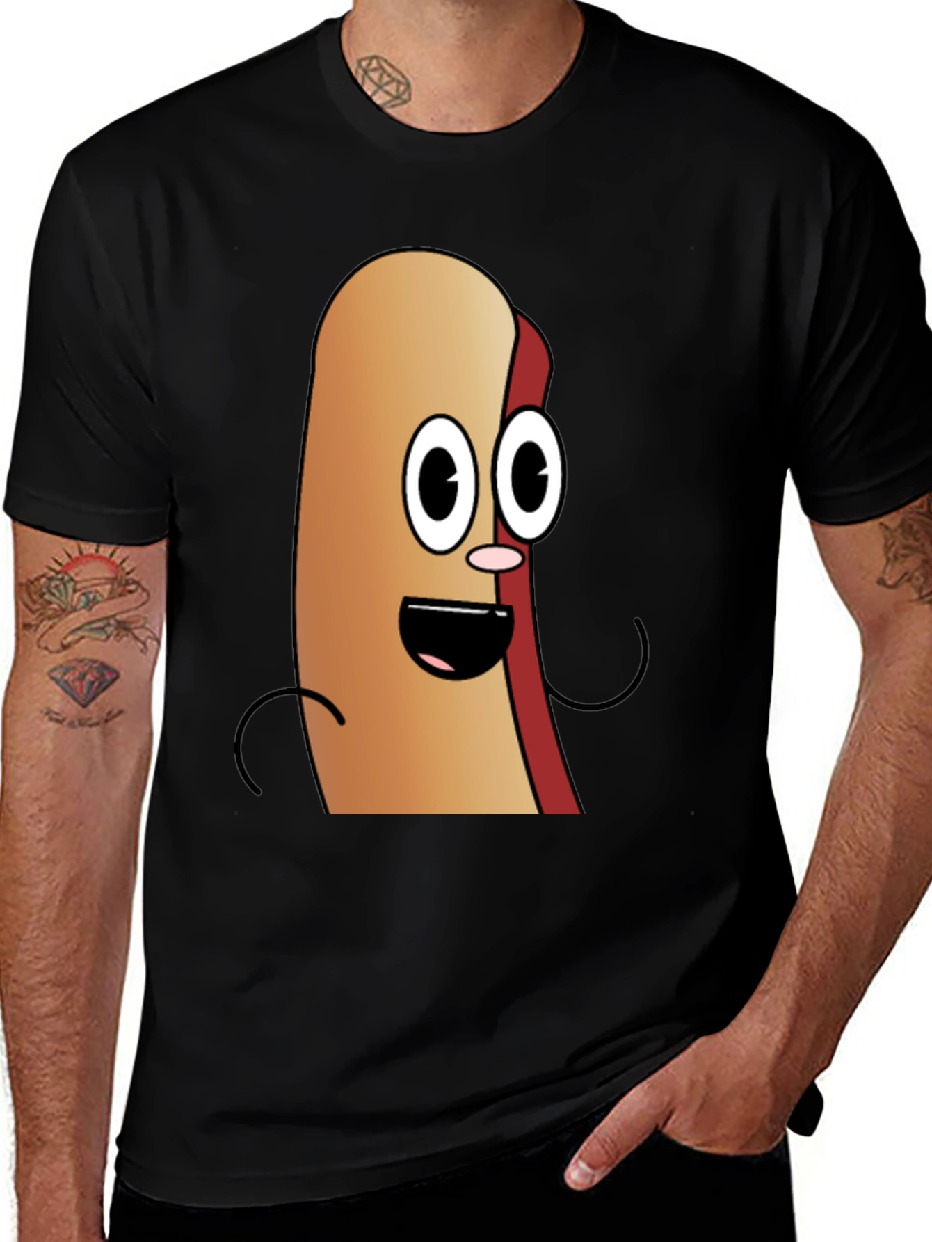 Cartoon Hotdog Graphic Tee - Black Cotton T-Shirt
