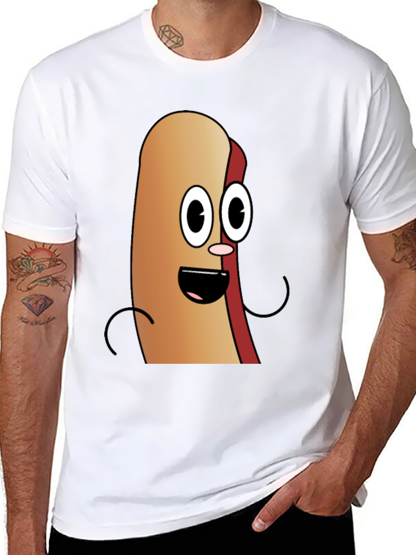Cartoon Hotdog Graphic Tee - Black Cotton T-Shirt