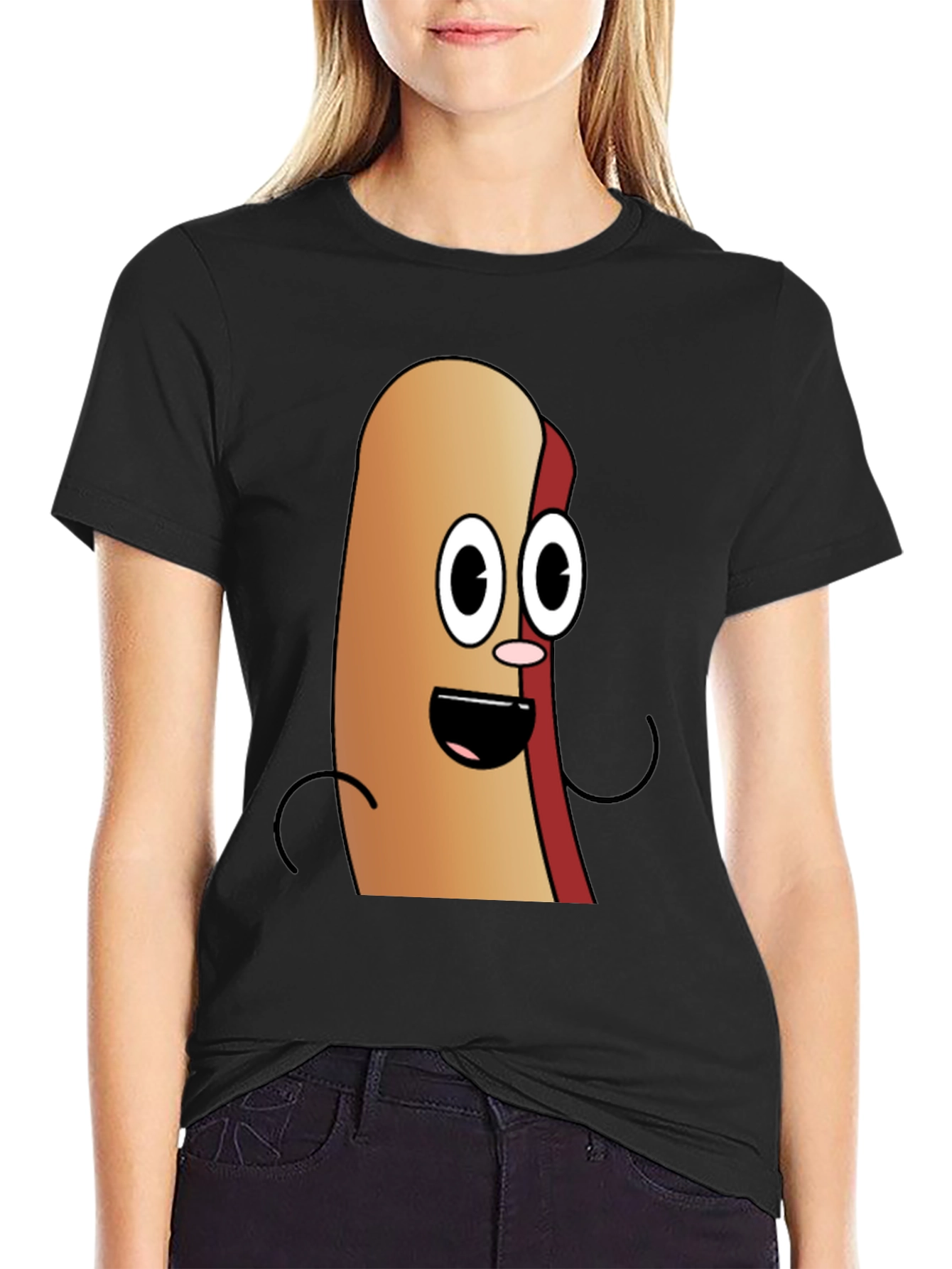 Cartoon Hotdog Graphic Tee - Black Cotton T-Shirt