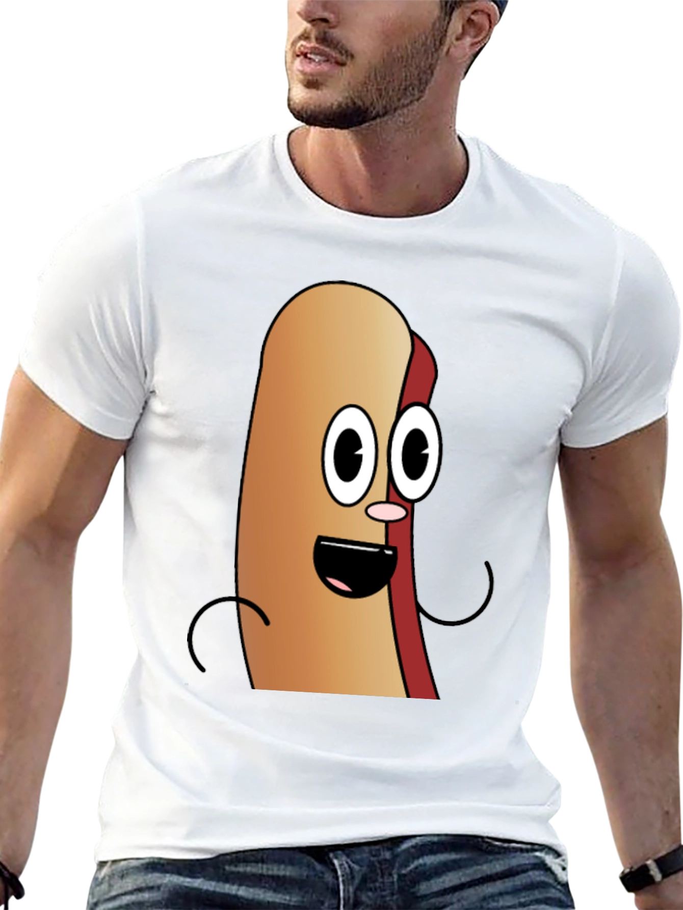 Cartoon Hotdog Graphic Tee - Black Cotton T-Shirt