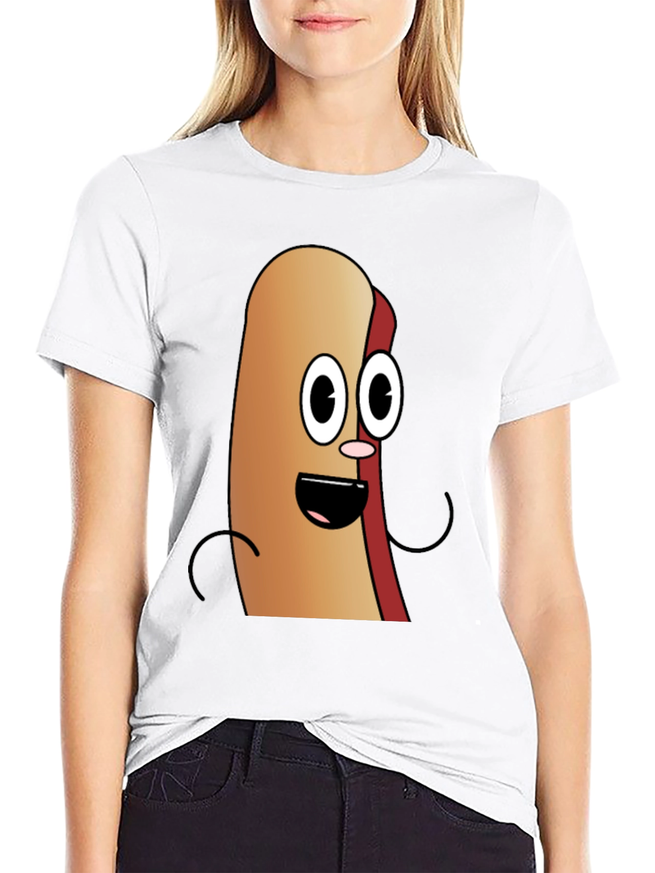 Cartoon Hotdog Graphic Tee - Black Cotton T-Shirt
