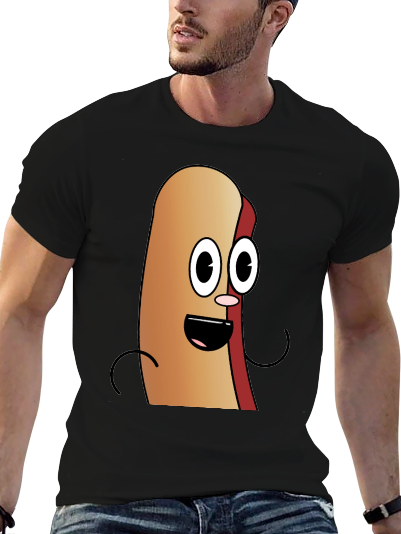 Cartoon Hotdog Graphic Tee - Black Cotton T-Shirt