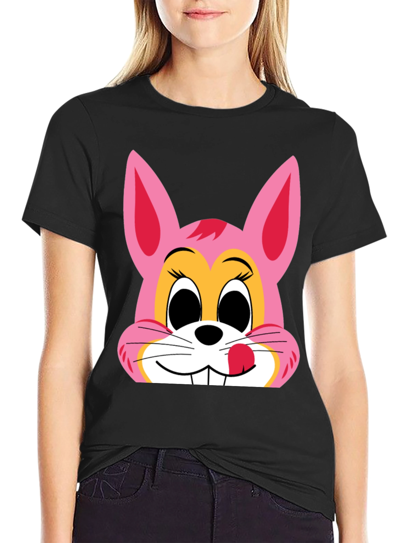 Pink Bunny Graphic Black T-Shirt