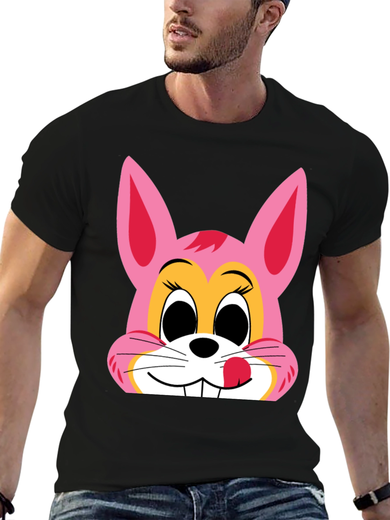Pink Bunny Graphic Black T-Shirt